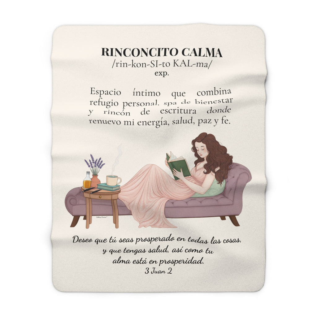 Sherpa Blanket - "Rinconcito Calma" (Green) Cozy Spanish Bible Self-Care Throw with Reading Girl Design