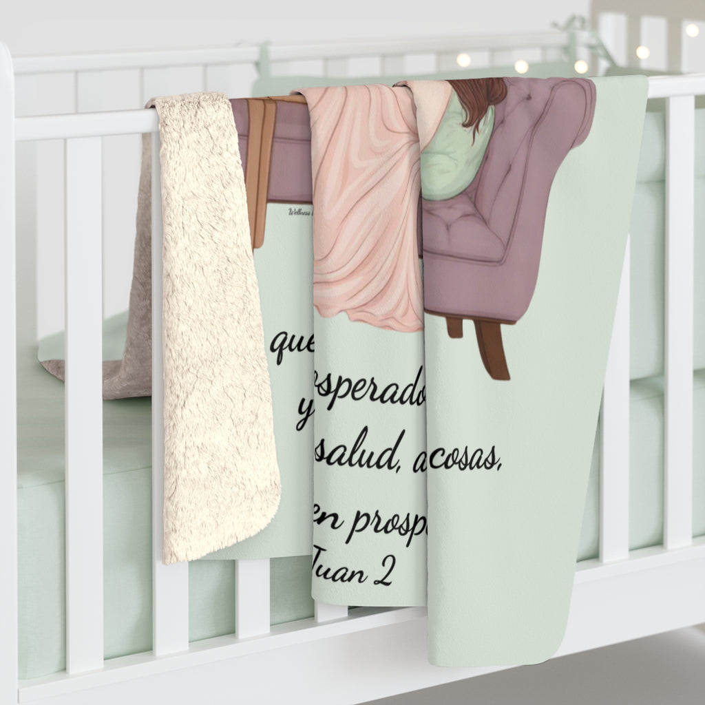 Sherpa Blanket - "Rinconcito Calma" (Green) Cozy Spanish Bible Self-Care Throw with Reading Girl Design