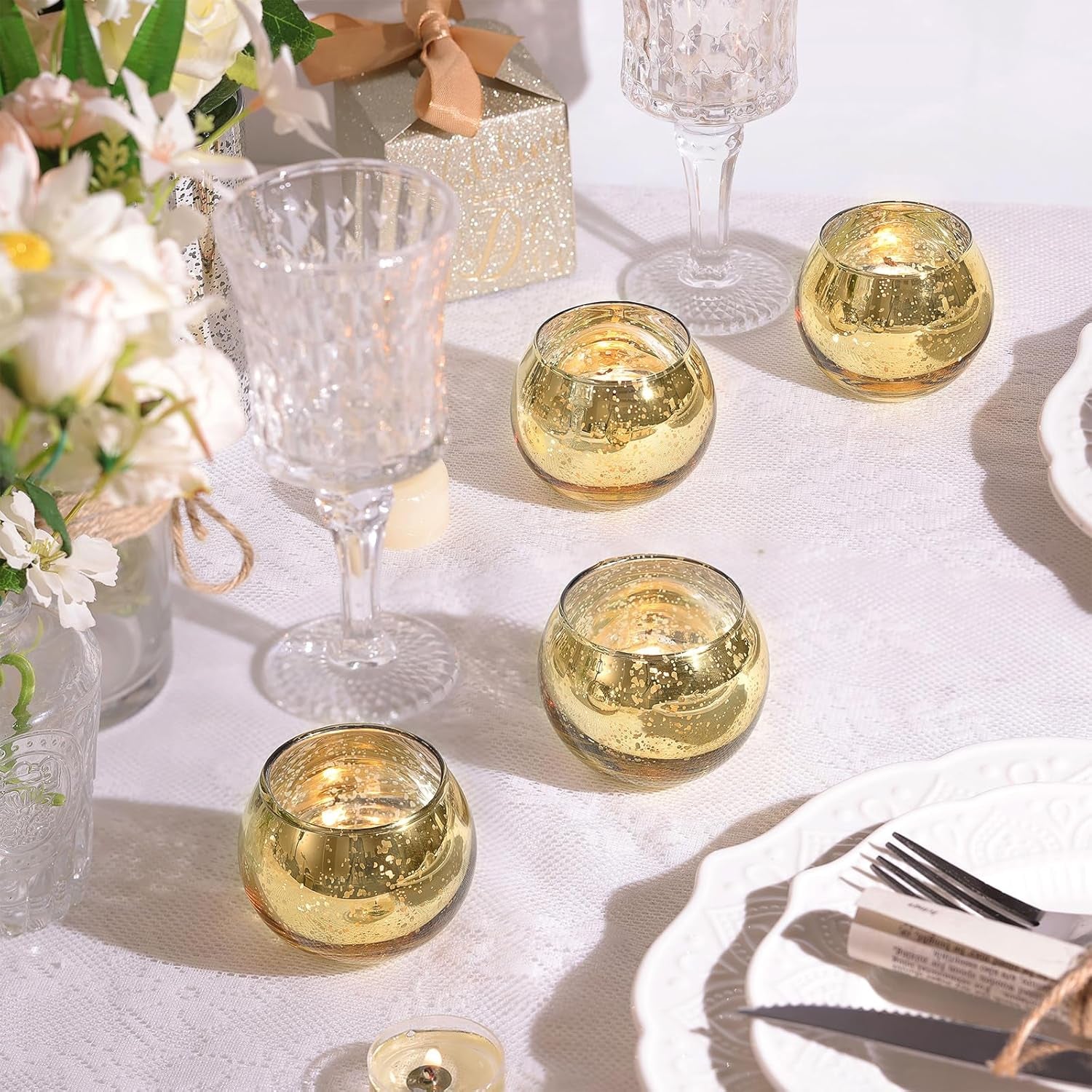 12 Pcs Gold Votive Candle Holders -Gold Mercury Glass Votives Tea Light Candle Holders for Wedding Table Centerpieces, Ramadan, Anniversary, Bridal Shower, Birthday Decor