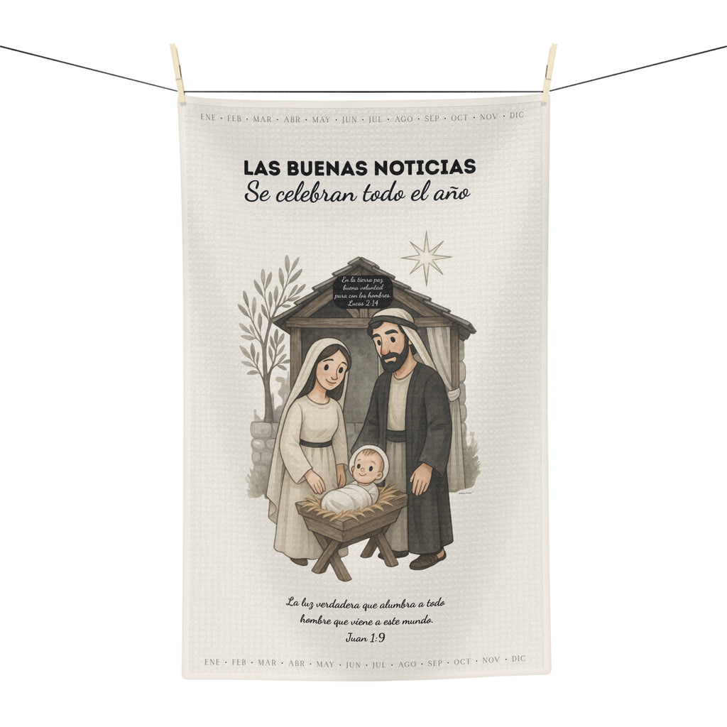 Nativity Tea Towel — (Cream Color) "Las Buenas Noticias se celebran todo el año" Year-Round Christmas Kitchen Towel