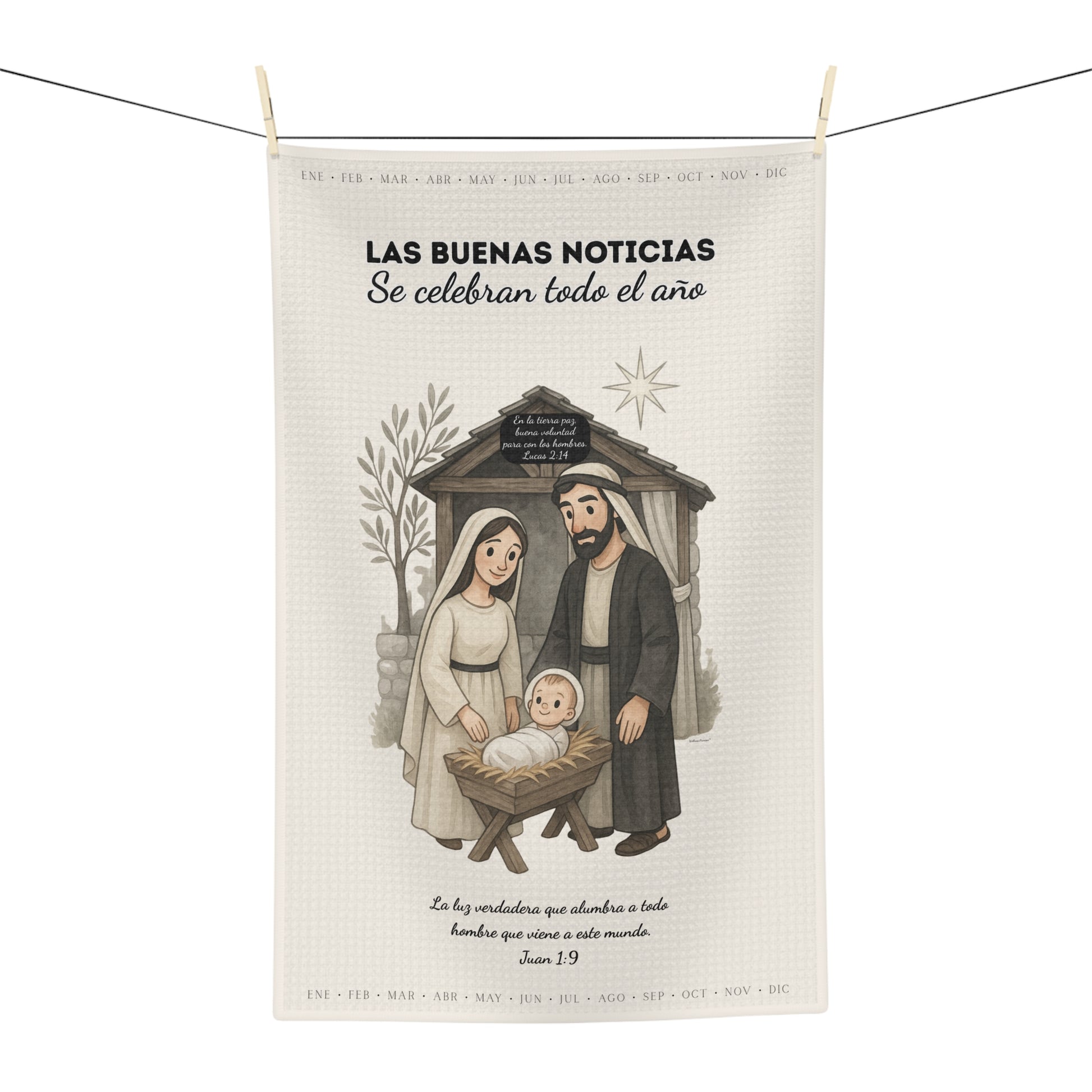 Nativity Tea Towel — (Cream Color) "Las Buenas Noticias se celebran todo el año" Year-Round Christmas Kitchen Towel