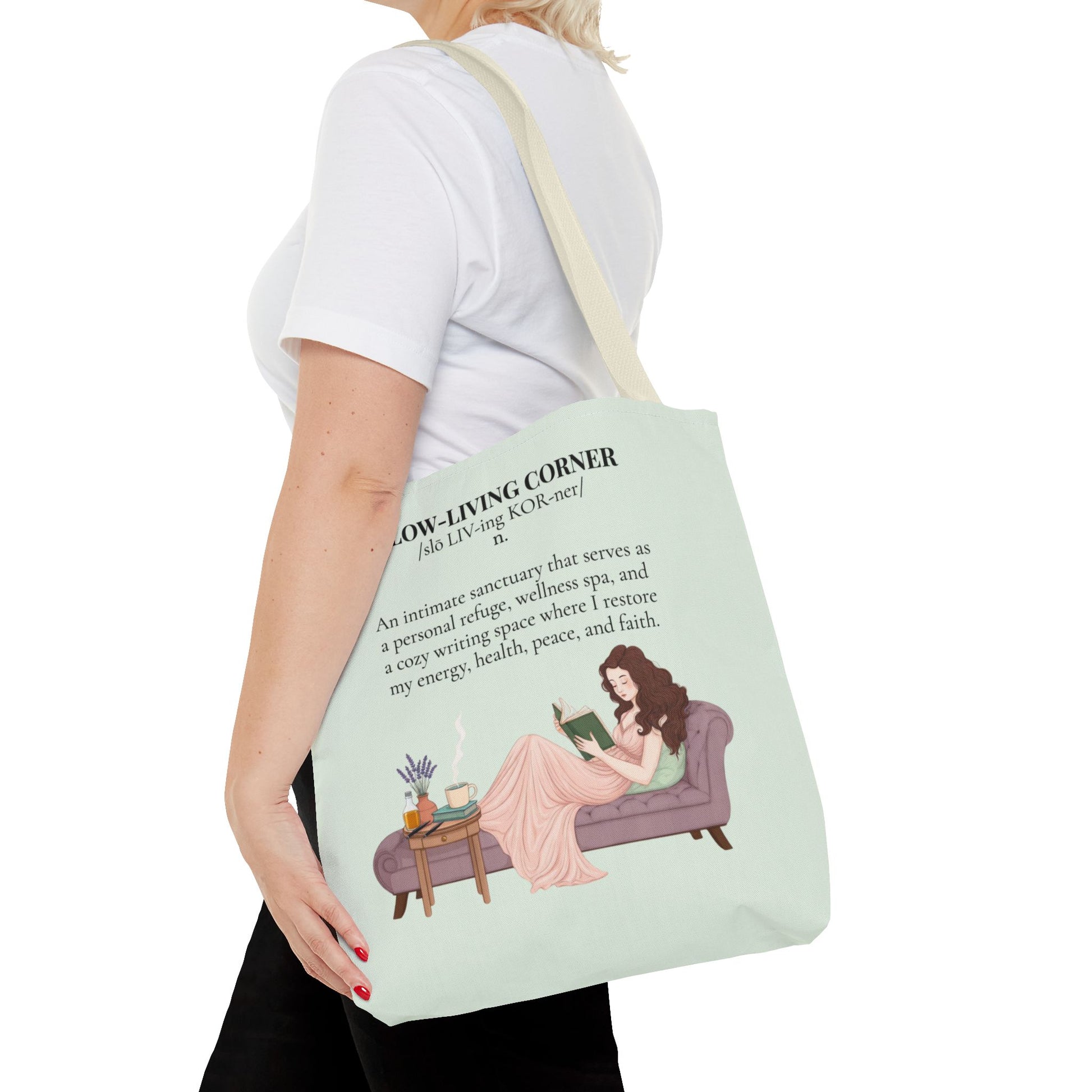 Slow-Living Corner Tote Bag — Cozy Self-Care AOP Canvas Tote with Faith Quotes (Mint Green)