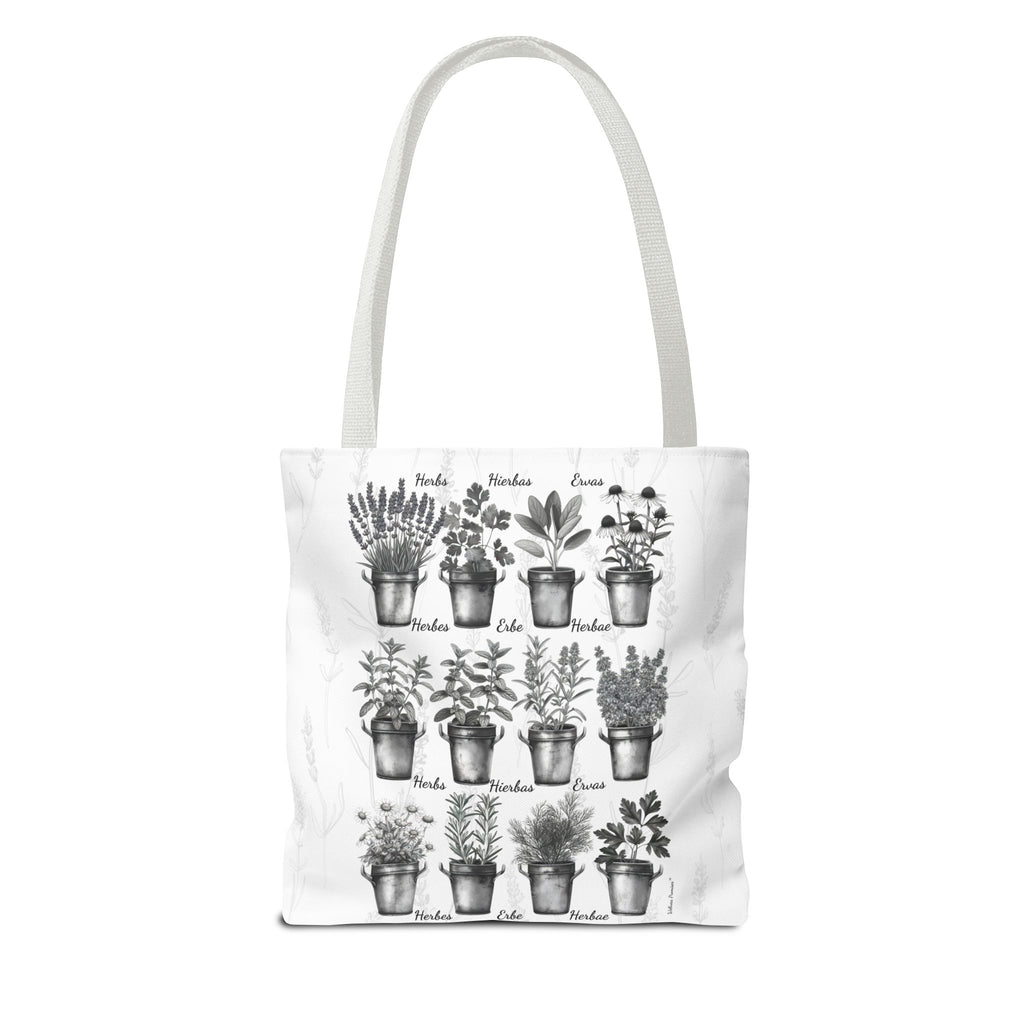 6 Language Black & White Herbal Garden Tote Bag | Botanical Shopping Tote | Eco-Friendly Grocery Bag, Plant Lover Gift, Garden Decor, Mothers Day