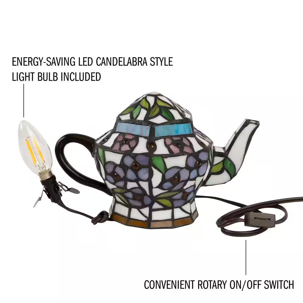 7 In. Multi-Colored Stained Glass Tiffany Style LED Teapot Lamp with Brown Metal Handle