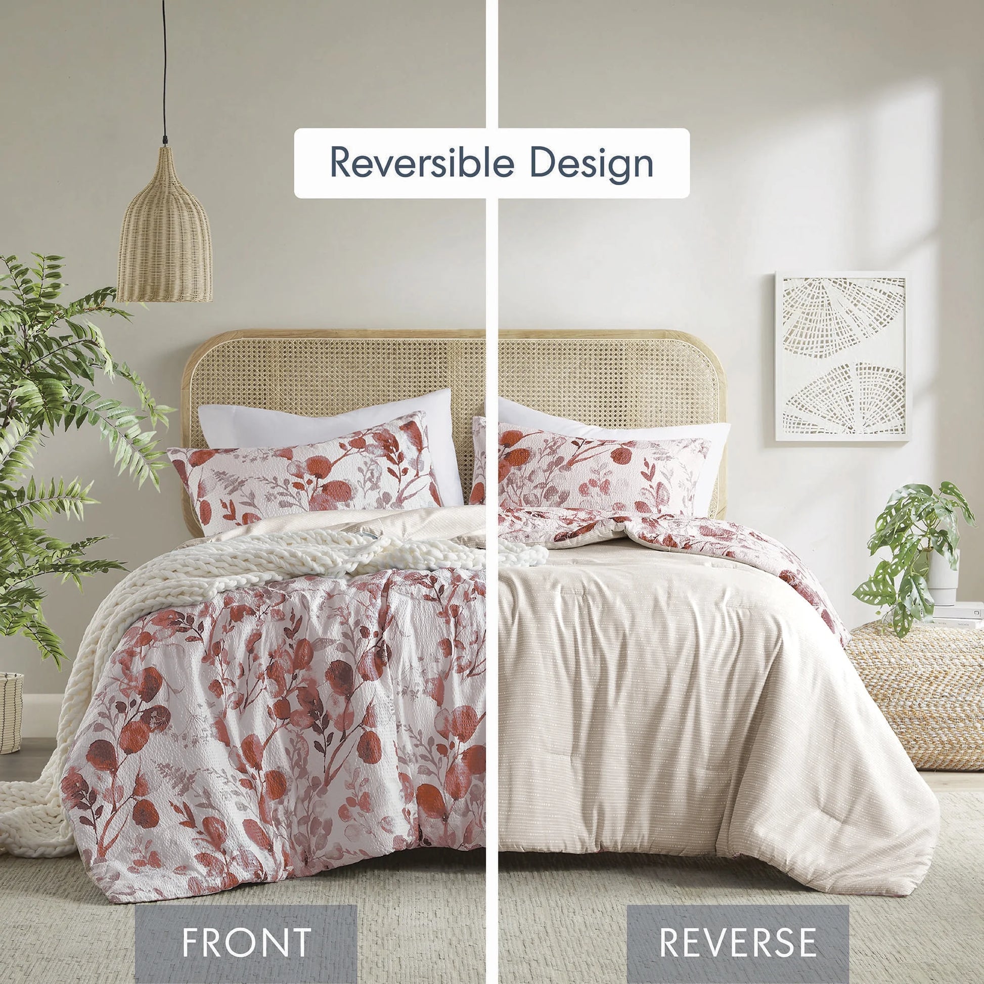 King/Cal King Comforter Sets, Reversible Seersucker Floral Bedding Sets, 3 Piece Lightweight Pink Blush Botanical Flowers Comforter Bed Set with Pillow Shams