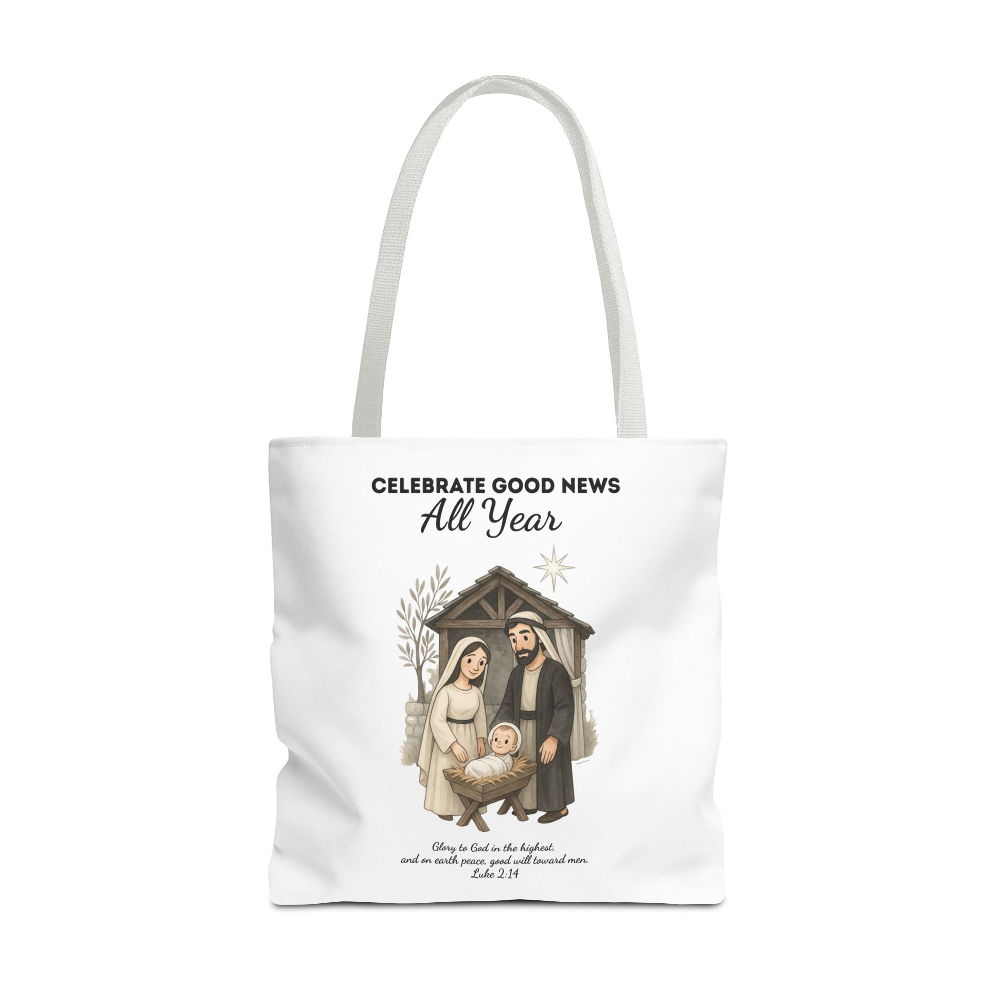 Nativity Tote Bag Year Round — (White Color) "Celebrate Good News All Year" Nativity Tote