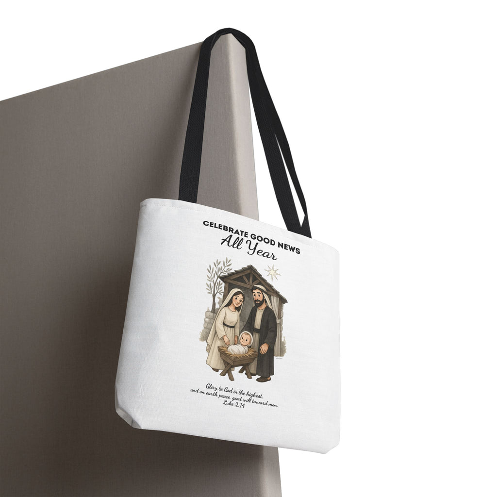 Nativity Tote Bag Year Round — (White Color) "Celebrate Good News All Year" Nativity Tote