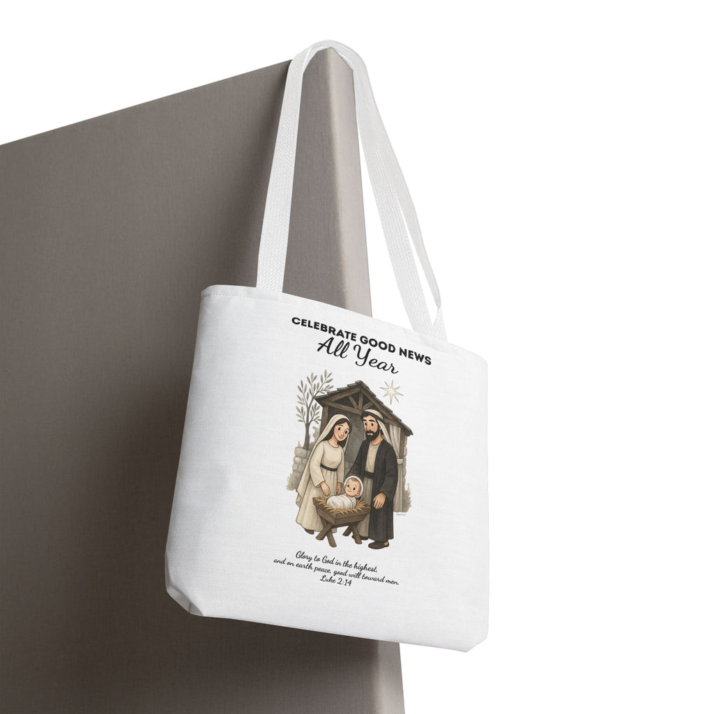 Nativity Tote Bag Year Round — (White Color) "Celebrate Good News All Year" Nativity Tote