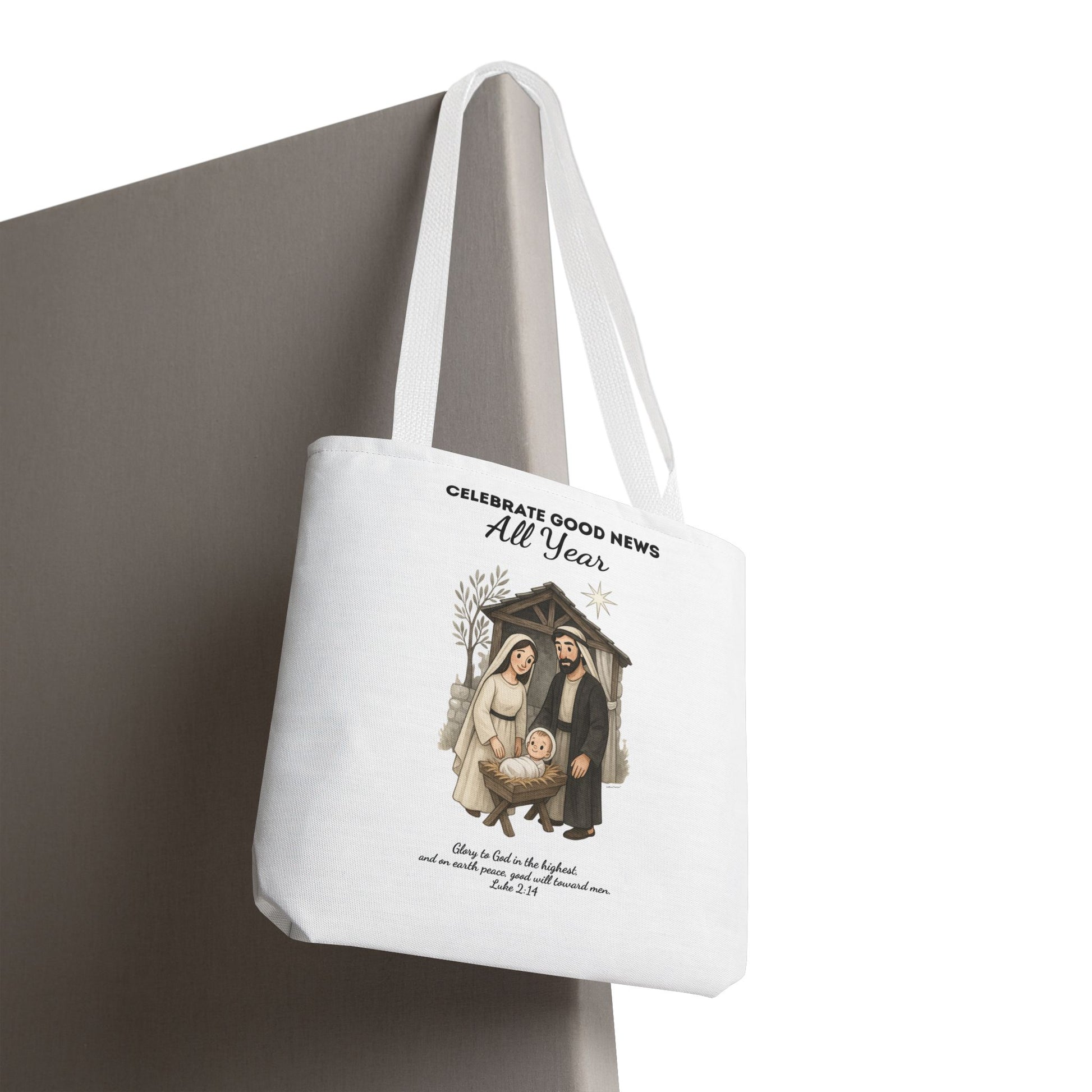 Nativity Tote Bag Year Round — (White Color) "Celebrate Good News All Year" Nativity Tote