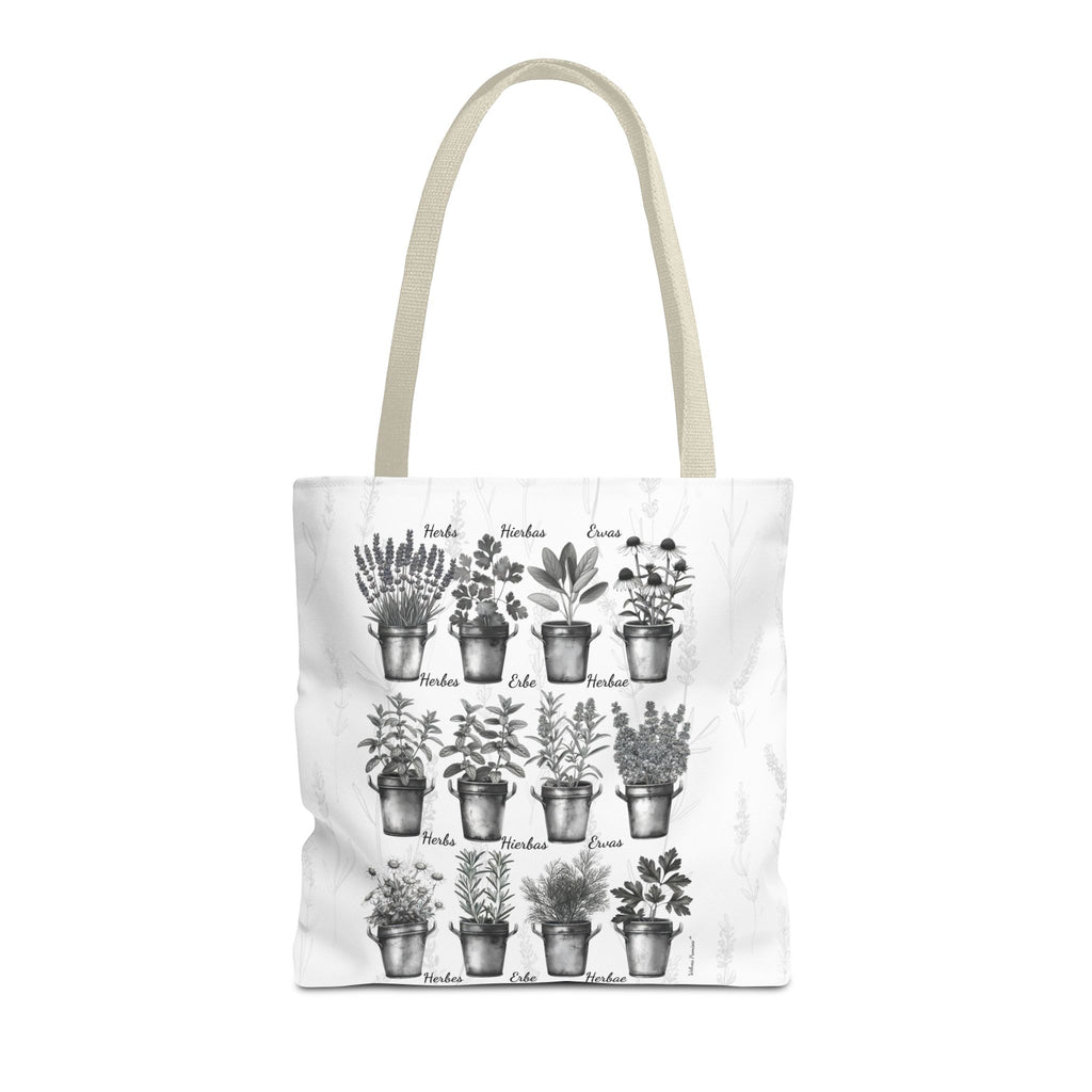 6 Language Black & White Herbal Garden Tote Bag | Botanical Shopping Tote | Eco-Friendly Grocery Bag, Plant Lover Gift, Garden Decor, Mothers Day