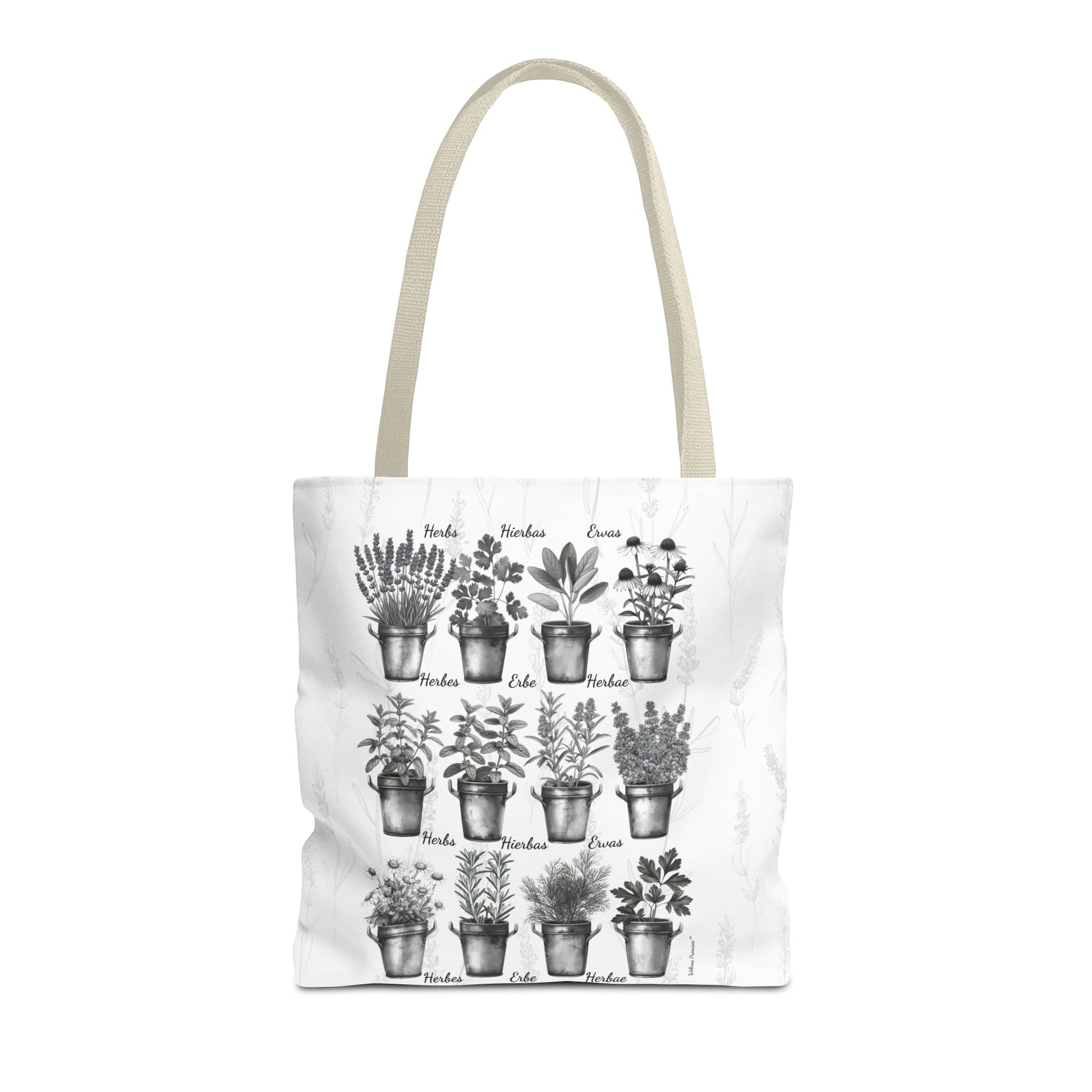 6 Language Black & White Herbal Garden Tote Bag | Botanical Shopping Tote | Eco-Friendly Grocery Bag, Plant Lover Gift, Garden Decor, Mothers Day