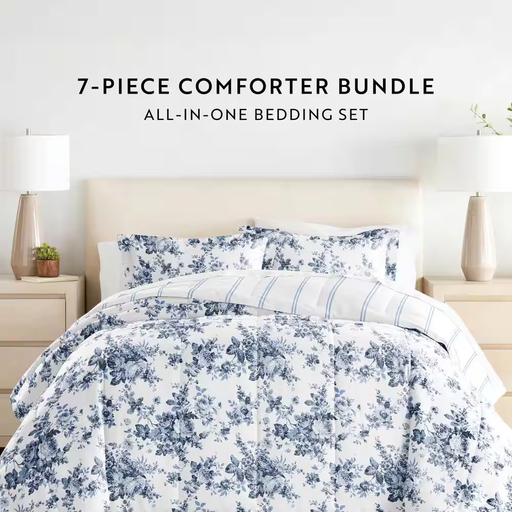 7-Piece Cabbage Rose Stripe Stone Pattern Comforter Cal King Microfiber Bedding Bundle