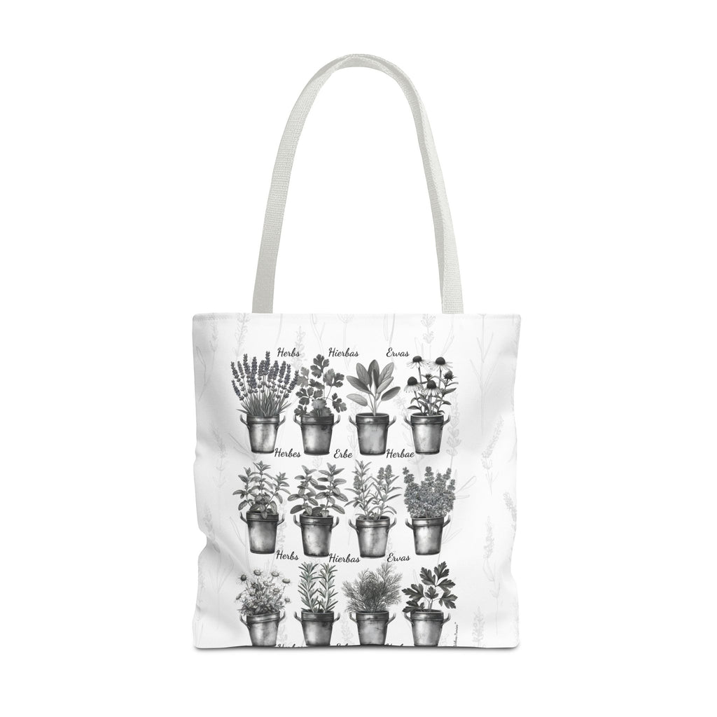 6 Language Black & White Herbal Garden Tote Bag | Botanical Shopping Tote | Eco-Friendly Grocery Bag, Plant Lover Gift, Garden Decor, Mothers Day