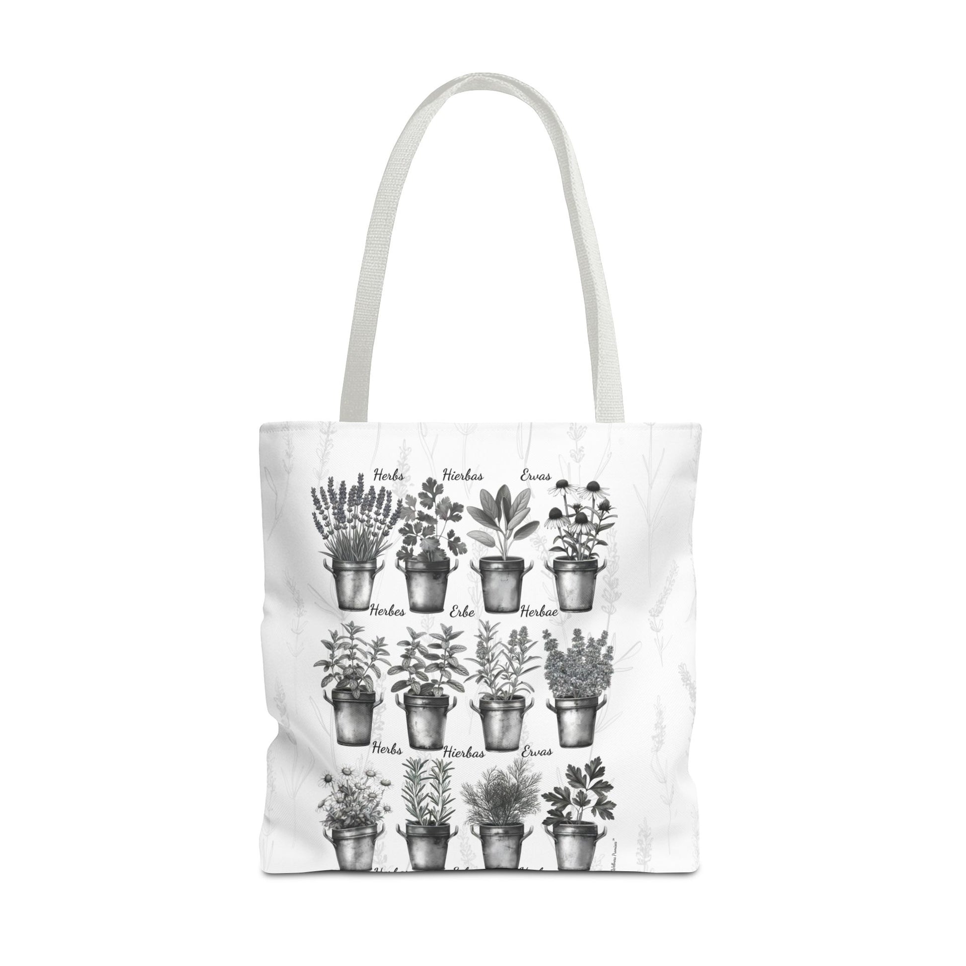 6 Language Black & White Herbal Garden Tote Bag | Botanical Shopping Tote | Eco-Friendly Grocery Bag, Plant Lover Gift, Garden Decor, Mothers Day