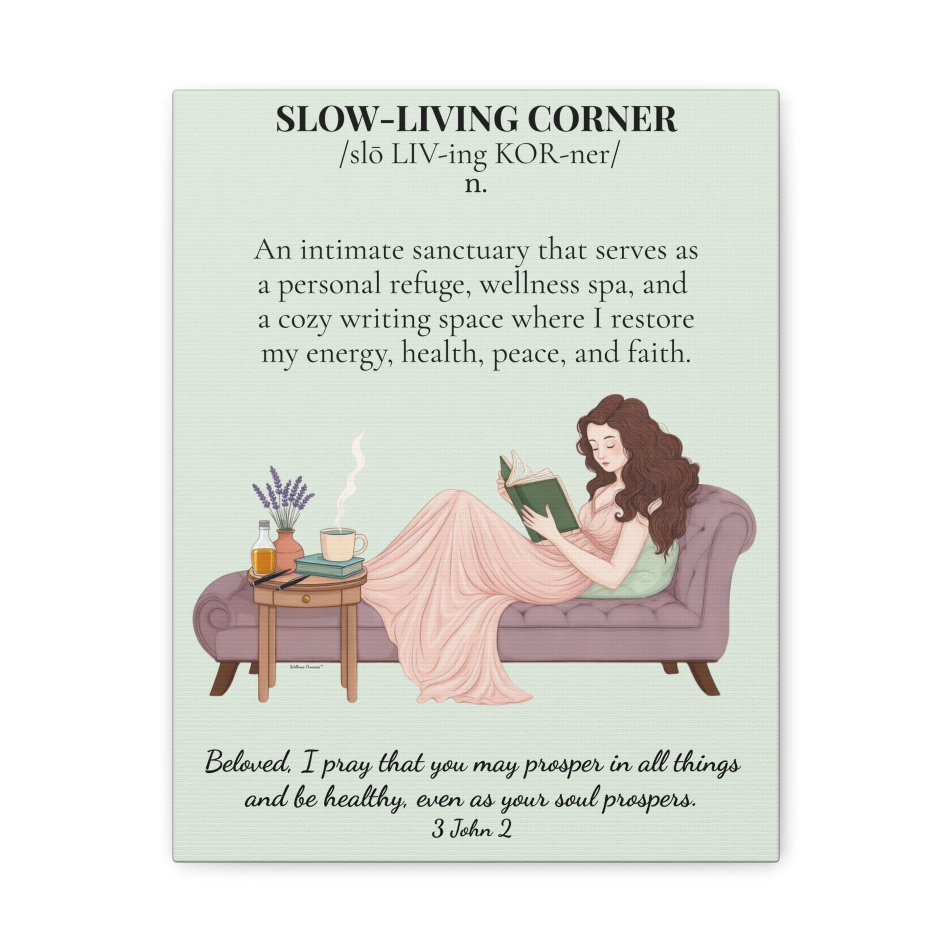 Slow-Living Corner Matte Canvas Wall Art — Cozy Sanctuary Definition with Scripture (Mint Green)