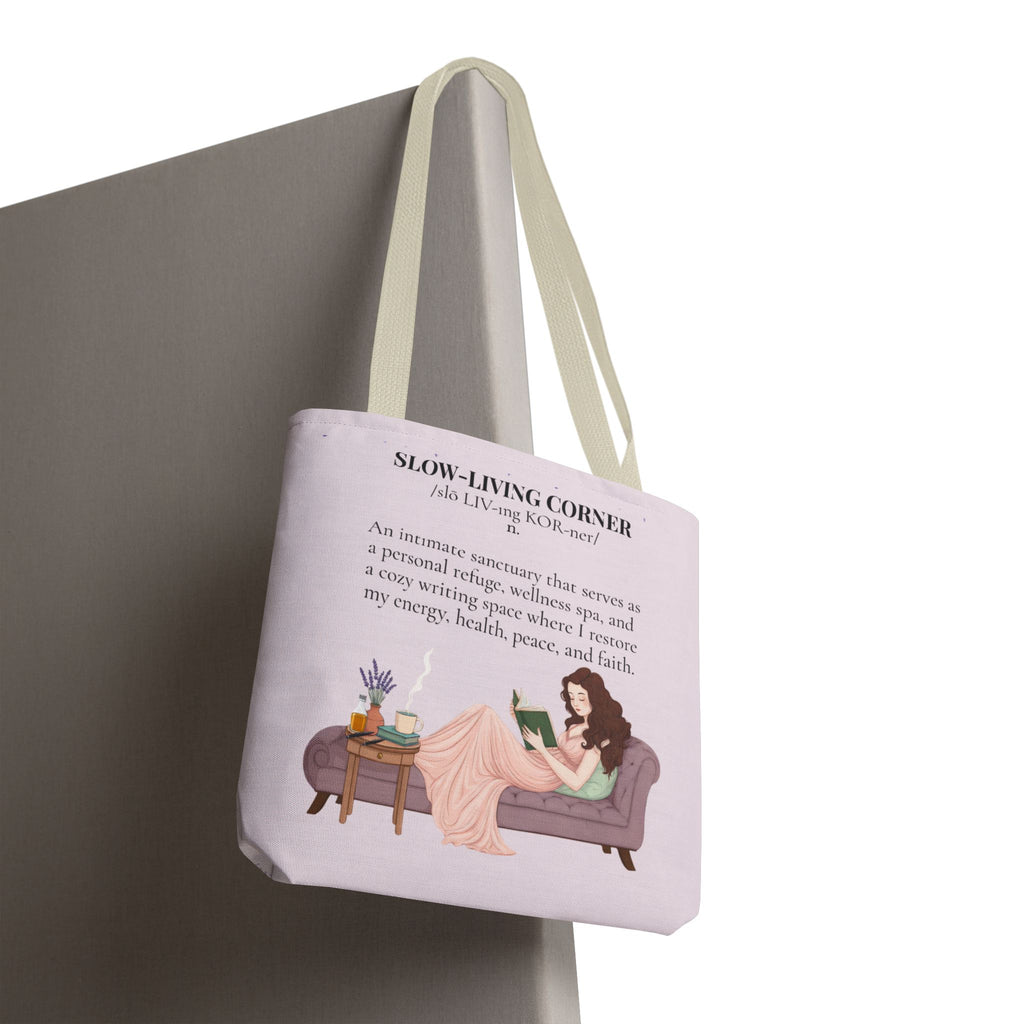 Slow-Living Corner Tote Bag — Cozy Self-Care AOP Canvas Tote with Faith Quotes (Pink)