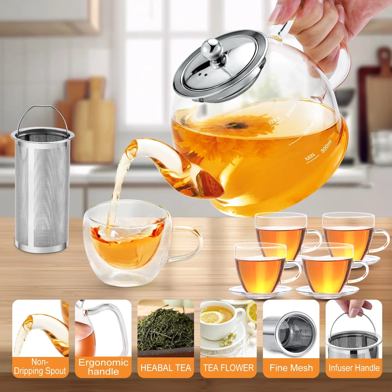 1200Ml Glass Teapot Set, with Removable Stainless Steel Infuser and 4 Glass Tea Cups, Stovetop Safe Teapot Gift Set, Blooming and Loose Leaf Glass Pitcher