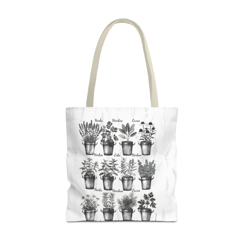 6 Language Black & White Herbal Garden Tote Bag | Botanical Shopping Tote | Eco-Friendly Grocery Bag, Plant Lover Gift, Garden Decor, Mothers Day