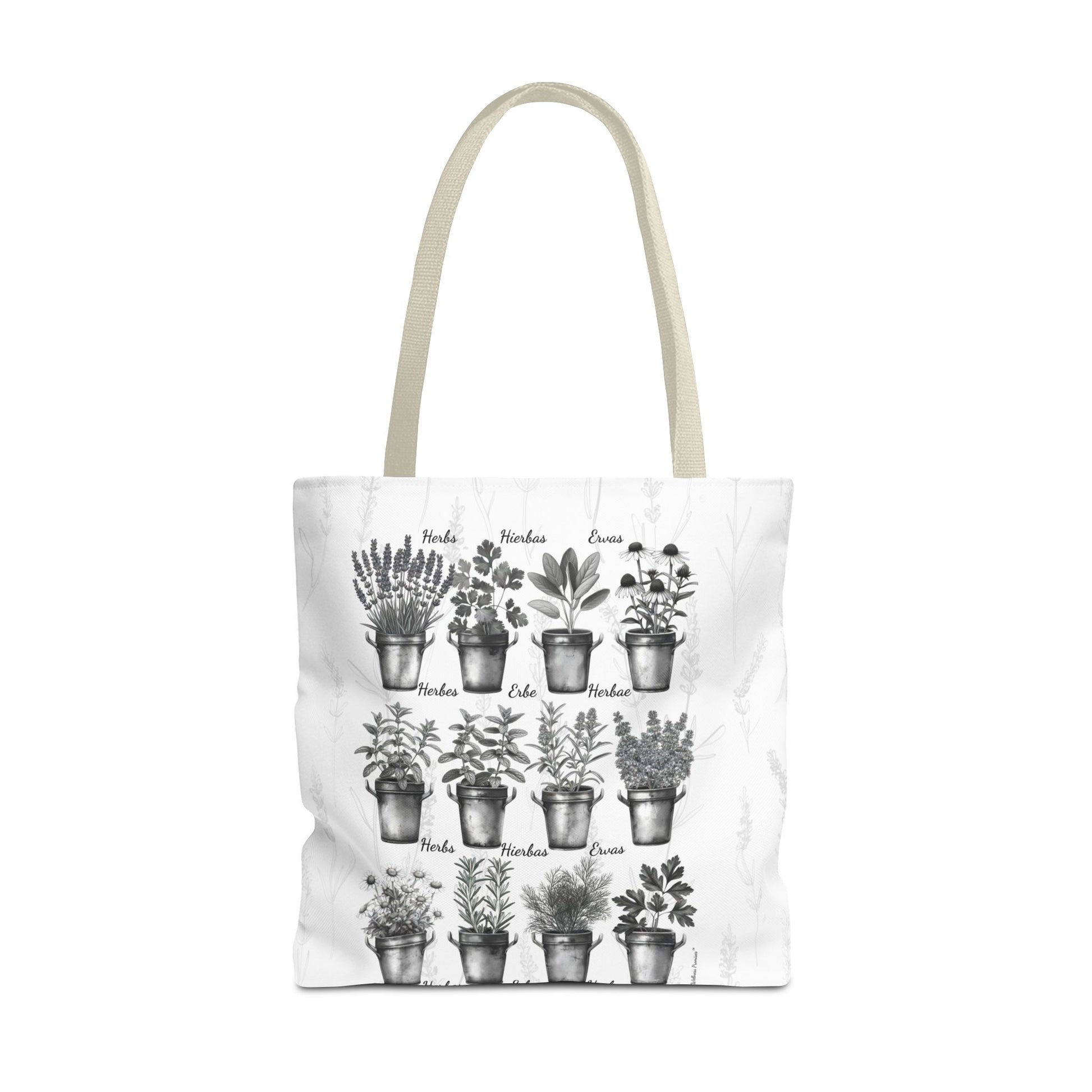 6 Language Black & White Herbal Garden Tote Bag | Botanical Shopping Tote | Eco-Friendly Grocery Bag, Plant Lover Gift, Garden Decor, Mothers Day