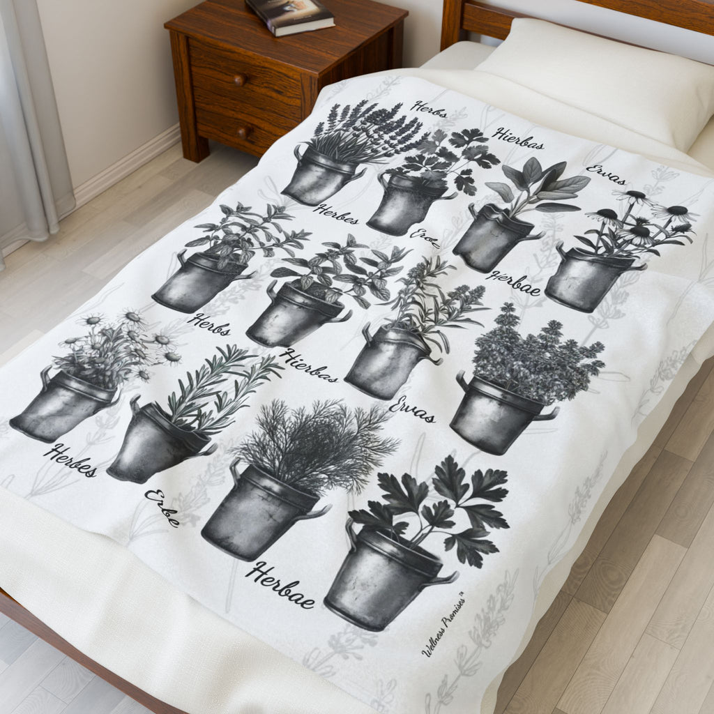 6 Languages Herbal Wellness Black and White Velveteen Plush Blanket | Cozy Home Decor