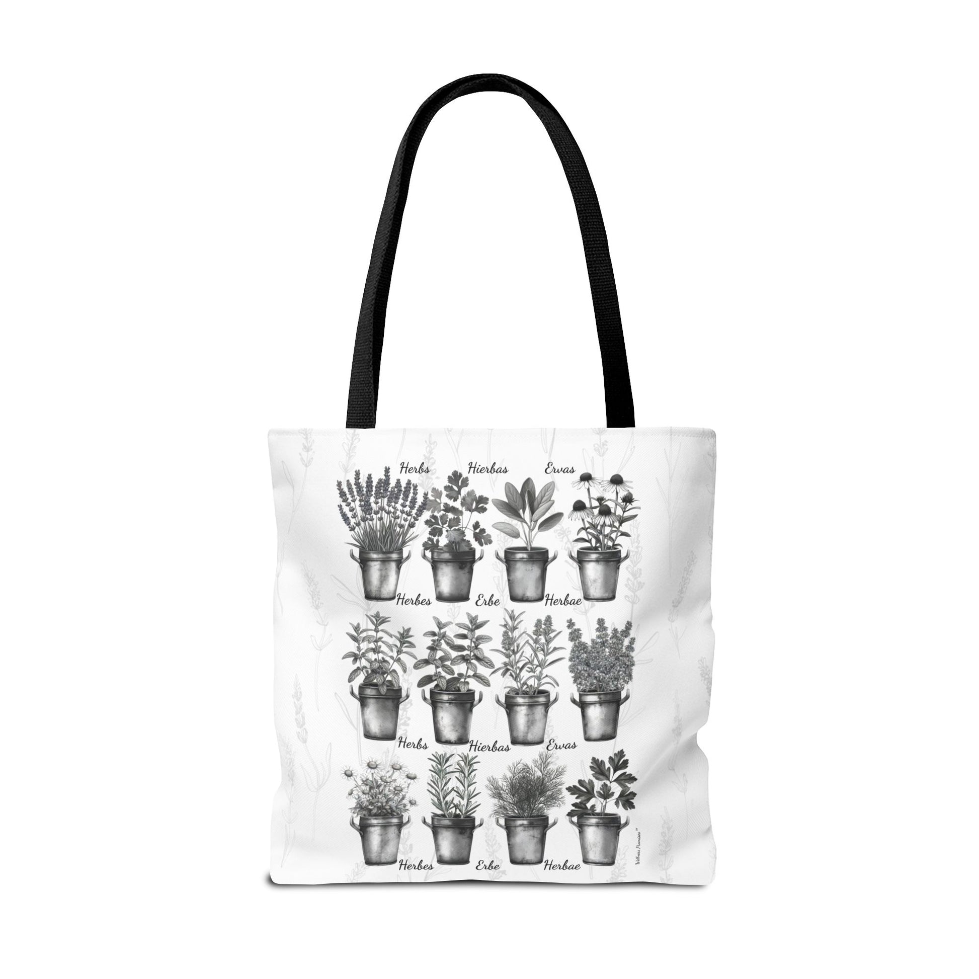 6 Language Black & White Herbal Garden Tote Bag | Botanical Shopping Tote | Eco-Friendly Grocery Bag, Plant Lover Gift, Garden Decor, Mothers Day