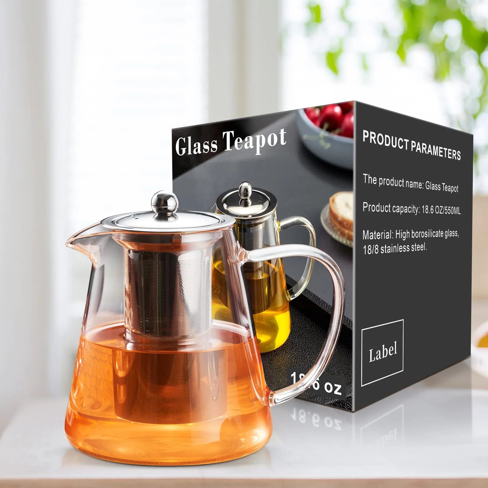 32Oz/ 950ML Borosilicate Glass Stovetop Teapot with Removable 18/8 Stainless Steel Inf for Blooming & Loose Leaf Tea, Camping & Travel