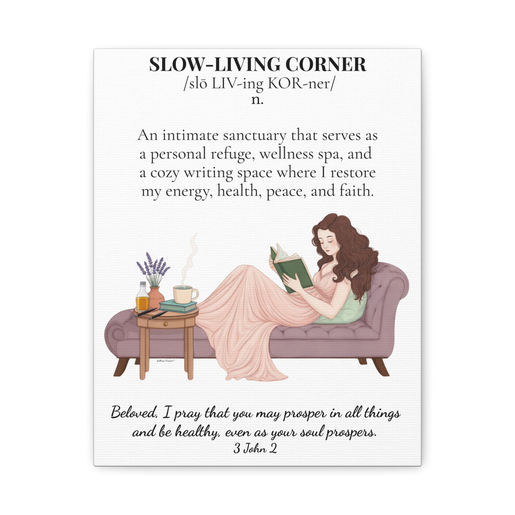 Slow-Living Corner Matte Canvas Wall Art — Cozy Sanctuary Definition with Scripture