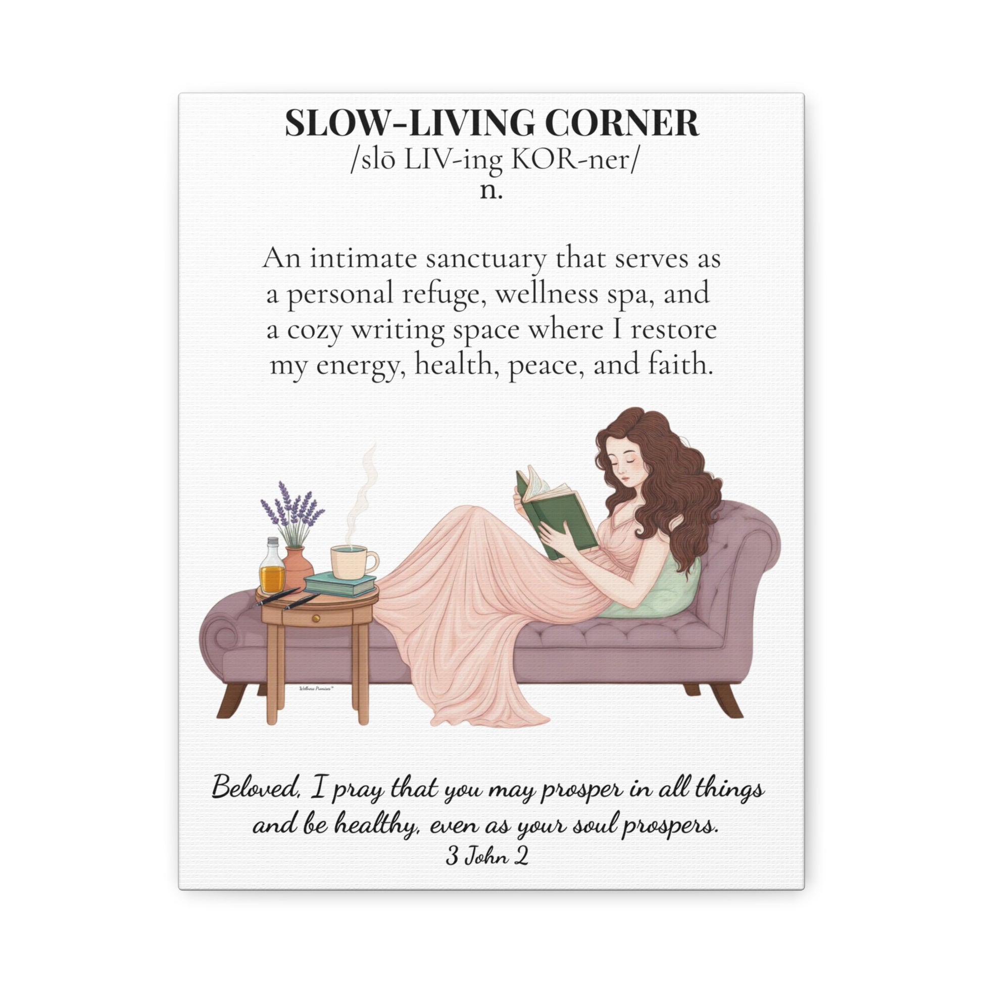 Slow-Living Corner Matte Canvas Wall Art — Cozy Sanctuary Definition with Scripture