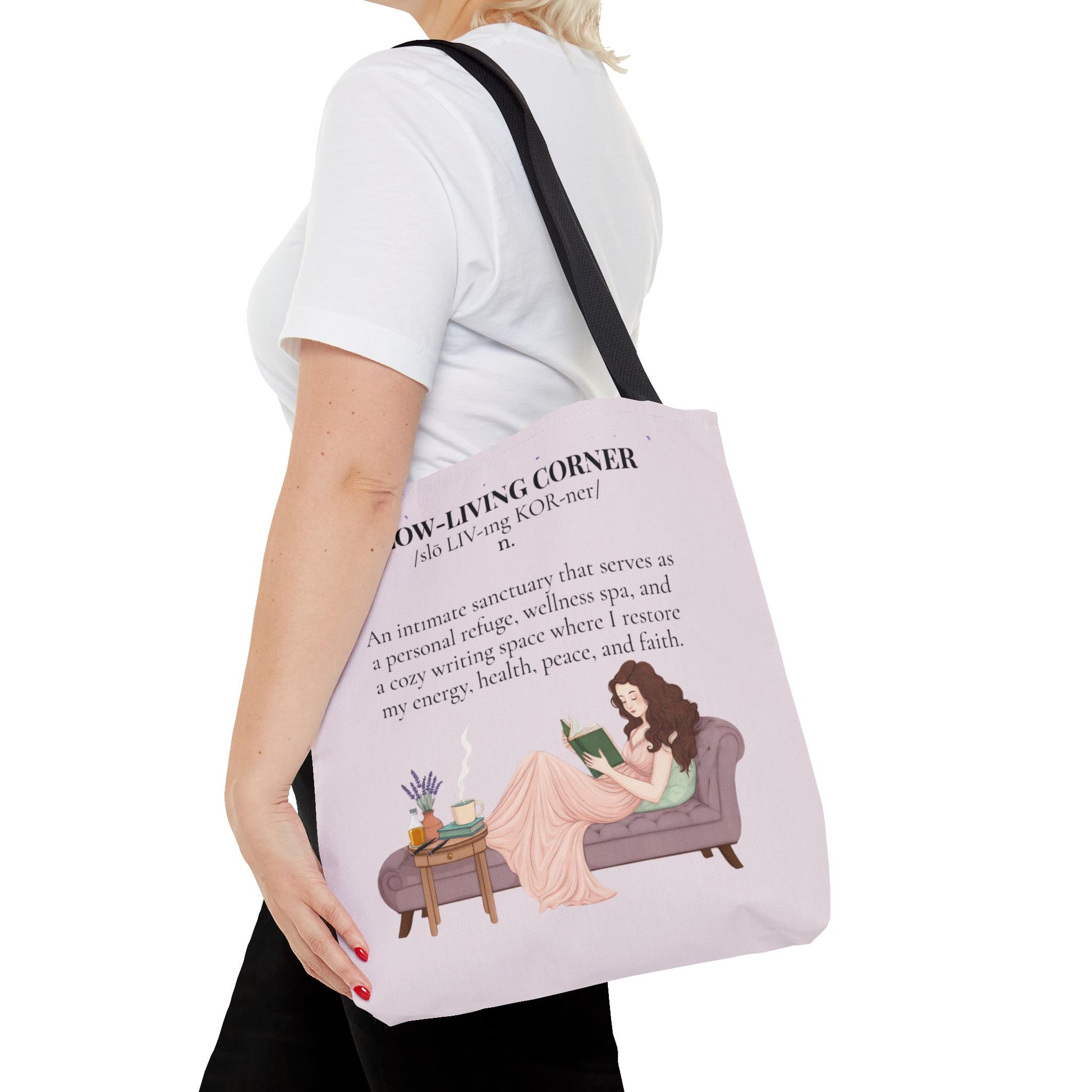 Slow-Living Corner Tote Bag — Cozy Self-Care AOP Canvas Tote with Faith Quotes (Pink)