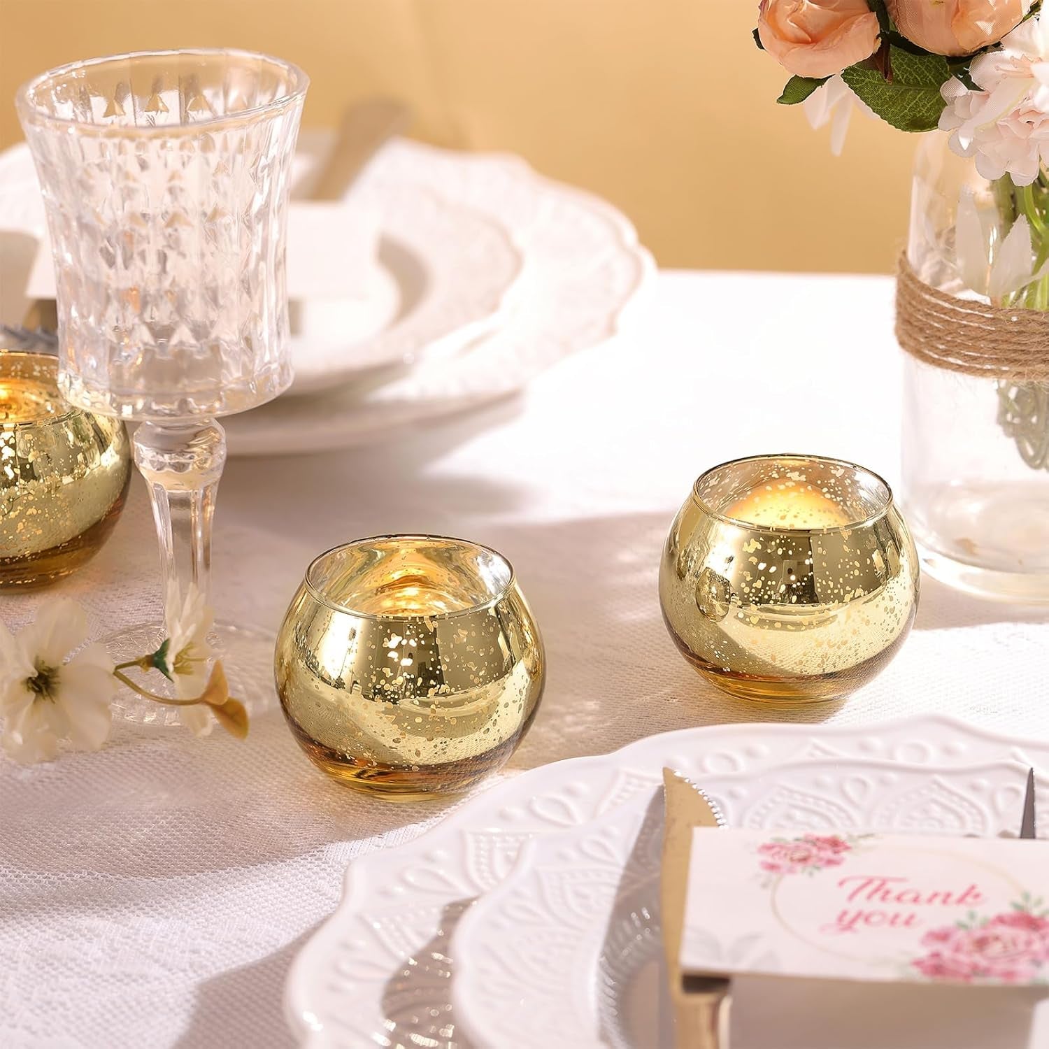 12 Pcs Gold Votive Candle Holders -Gold Mercury Glass Votives Tea Light Candle Holders for Wedding Table Centerpieces, Ramadan, Anniversary, Bridal Shower, Birthday Decor