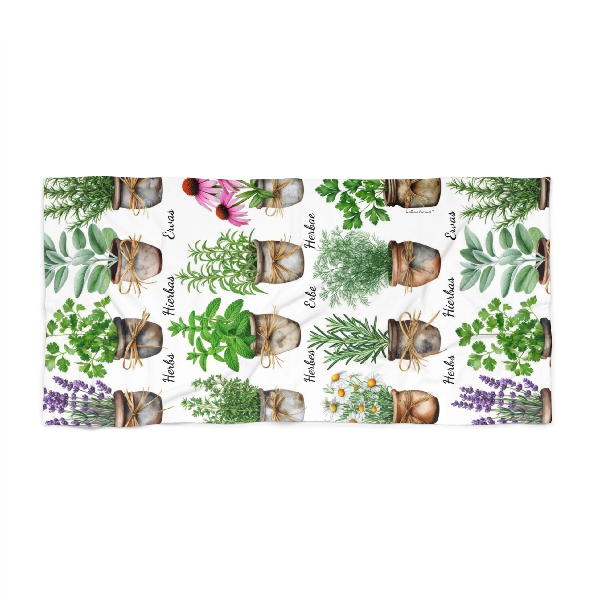 Herbal 6 Languages Beach Towel, Perfect for Summer Fun, Ideal for Poolside Relaxation, Gardener Gift, Tropical Retreat Decor
