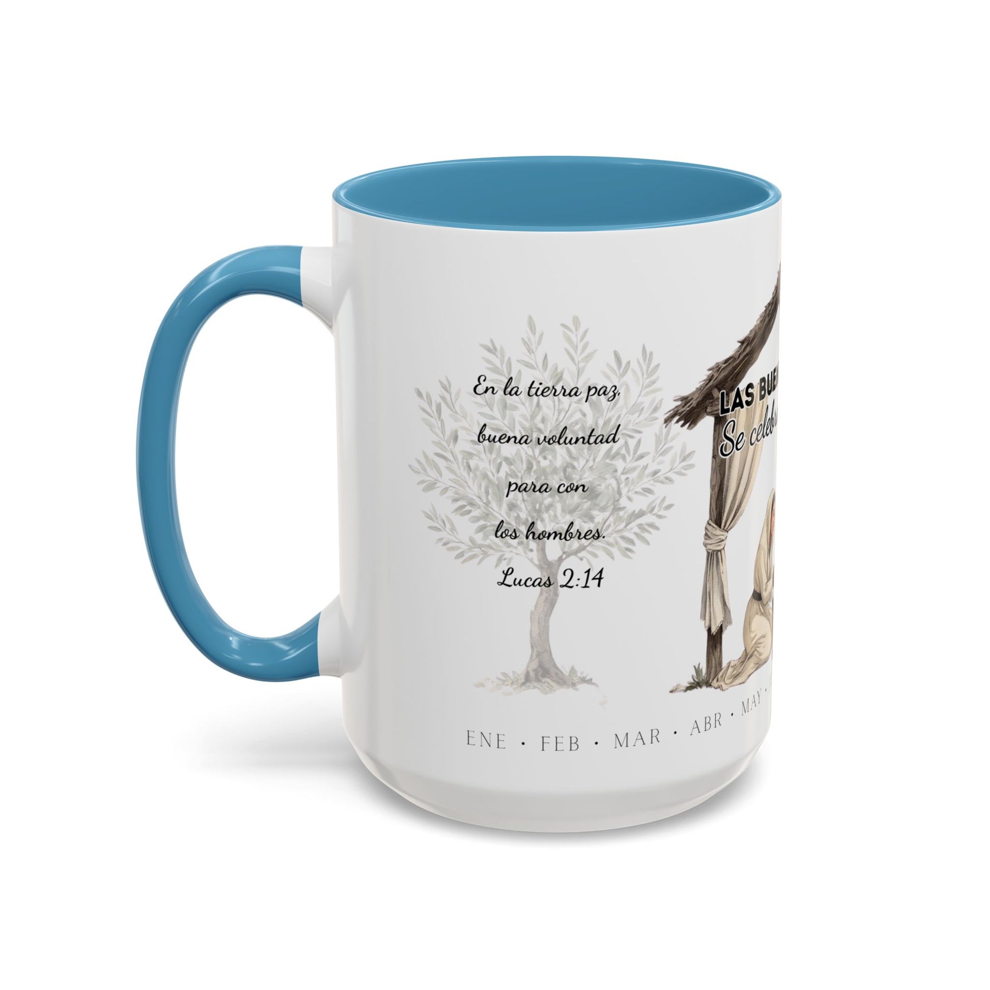 Year Round Nativity Coffee Mug — "Las Buenas Noticias se Celebran todo el Año" Watercolor Christian Christmas Mug