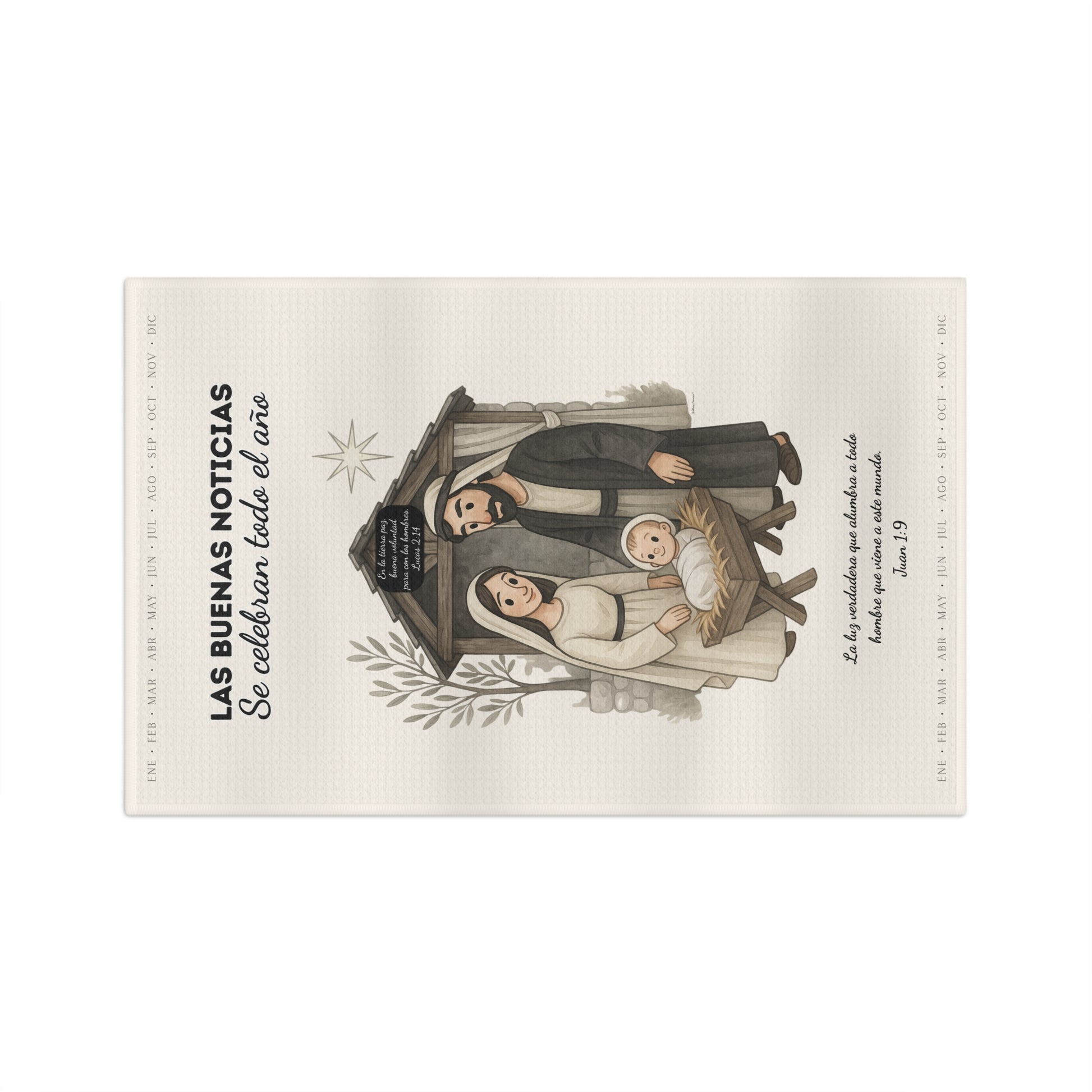 Nativity Tea Towel — (Cream Color) "Las Buenas Noticias se celebran todo el año" Year-Round Christmas Kitchen Towel