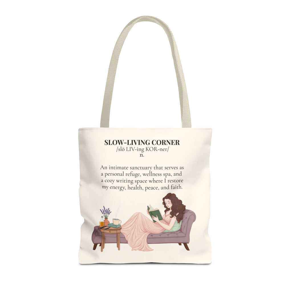 Slow-Living Corner Tote Bag — Cozy Self-Care AOP Canvas Tote with Faith Quotes