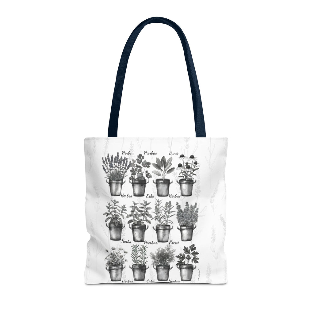 6 Language Black & White Herbal Garden Tote Bag | Botanical Shopping Tote | Eco-Friendly Grocery Bag, Plant Lover Gift, Garden Decor, Mothers Day