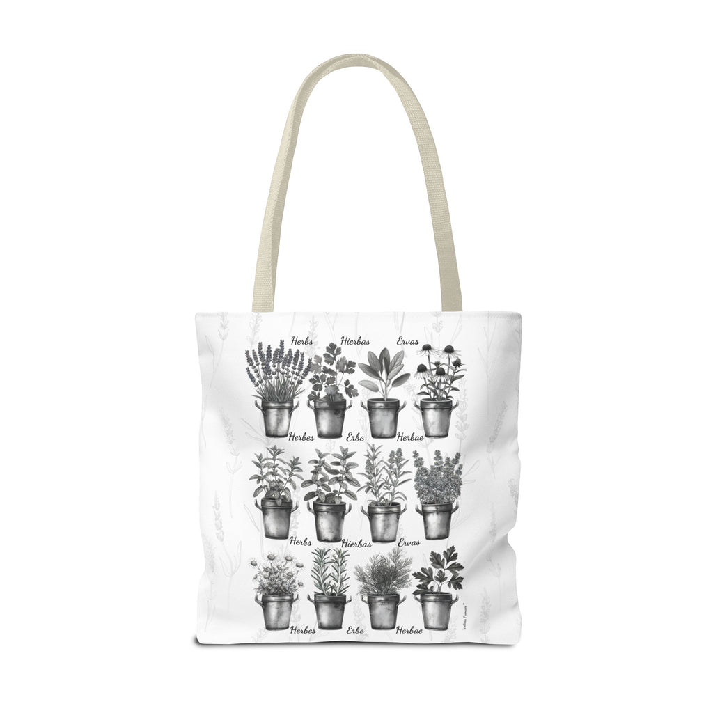 6 Language Black & White Herbal Garden Tote Bag | Botanical Shopping Tote | Eco-Friendly Grocery Bag, Plant Lover Gift, Garden Decor, Mothers Day