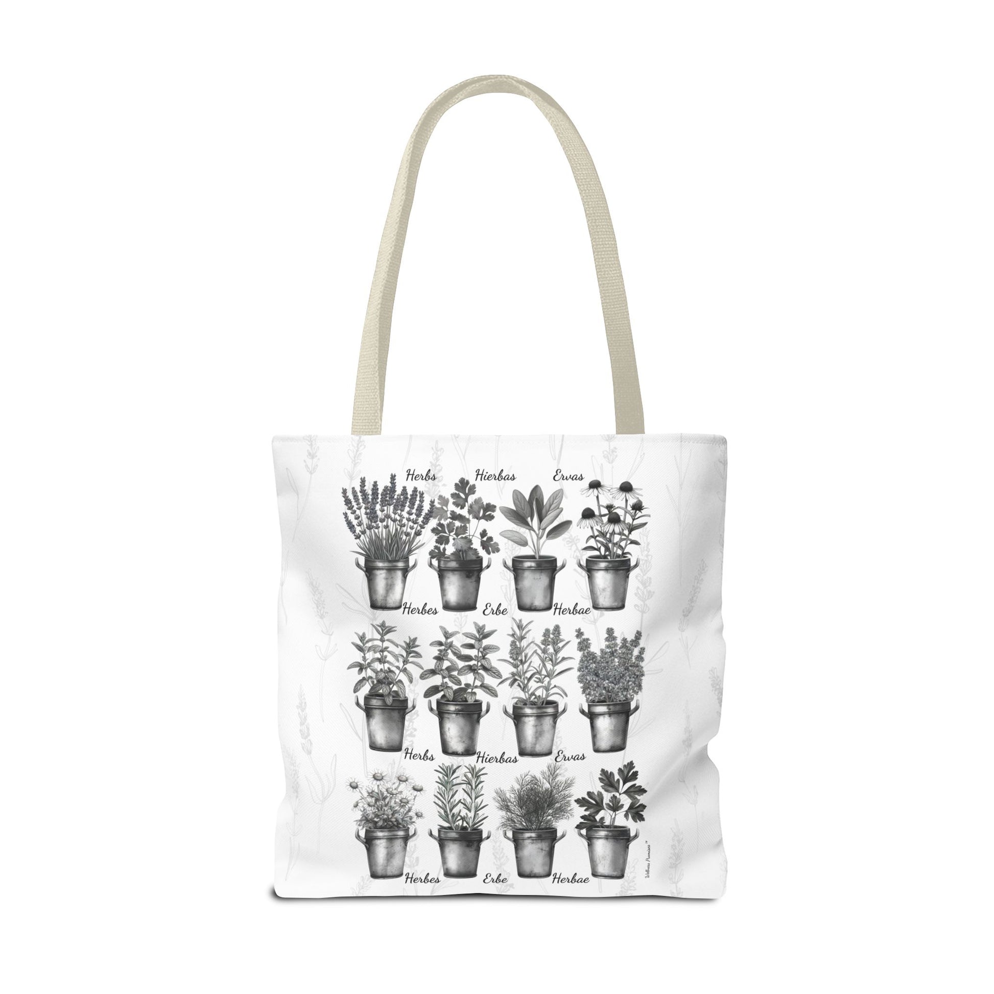 6 Language Black & White Herbal Garden Tote Bag | Botanical Shopping Tote | Eco-Friendly Grocery Bag, Plant Lover Gift, Garden Decor, Mothers Day