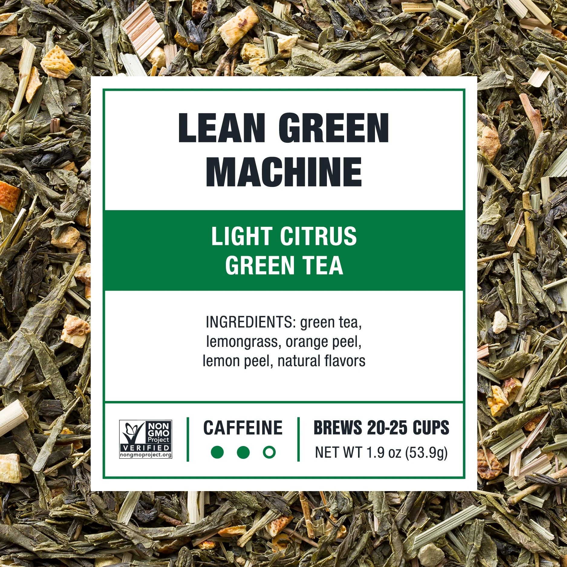- Lean Green Machine, Slenderizer Loose Leaf Green Tea, Light Citrus Green Tea, Medium Caffeine, Gmo-Free, Make Hot or Iced Tea & Brews up to 25 Cups - 1.9 Ounce Resealable Pouch