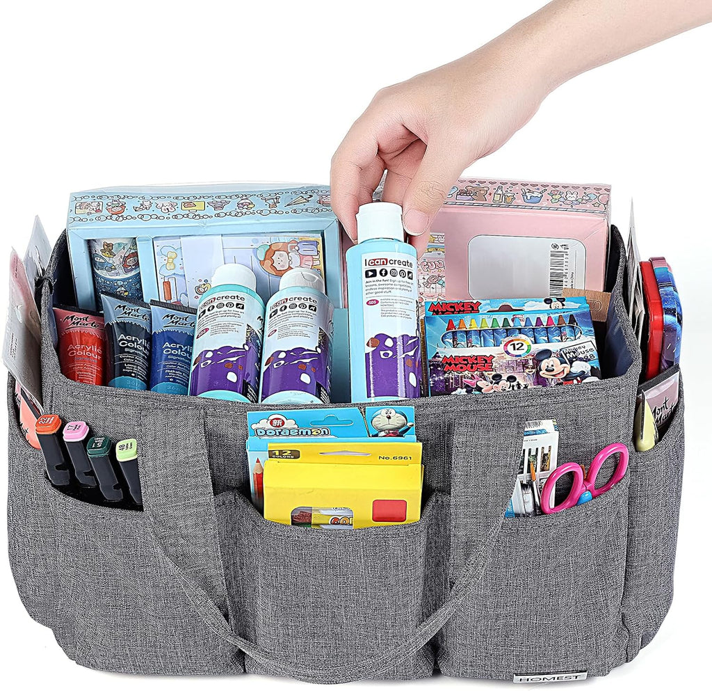 Versatile Gray Craft Organizer Tote Bag with Multiple Pockets for Scrapbooking and Craft Supplies