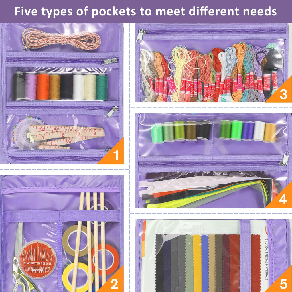 Sewing and Craft Supplies Storage Tote, Large Capacity Travel Packing Organizer Bag with Clear Pockets and Handle for Knitting, Crochet, Art, Sewing Accessories, Lavender