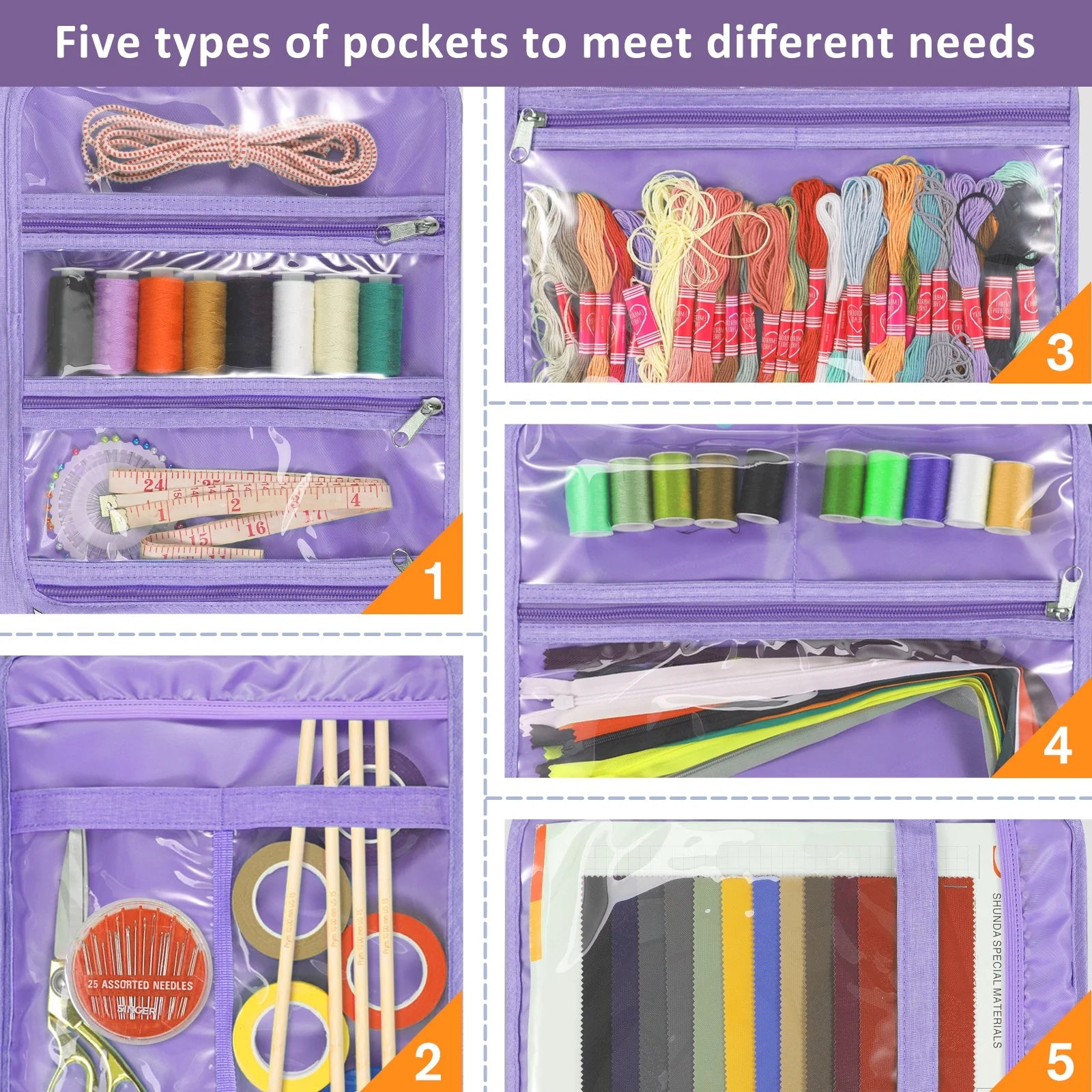 Sewing and Craft Supplies Storage Tote, Large Capacity Travel Packing Organizer Bag with Clear Pockets and Handle for Knitting, Crochet, Art, Sewing Accessories, Lavender