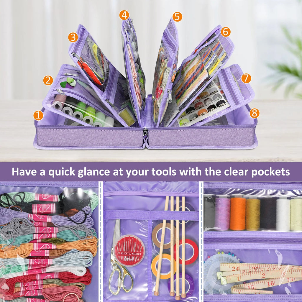Sewing and Craft Supplies Storage Tote, Large Capacity Travel Packing Organizer Bag with Clear Pockets and Handle for Knitting, Crochet, Art, Sewing Accessories, Lavender