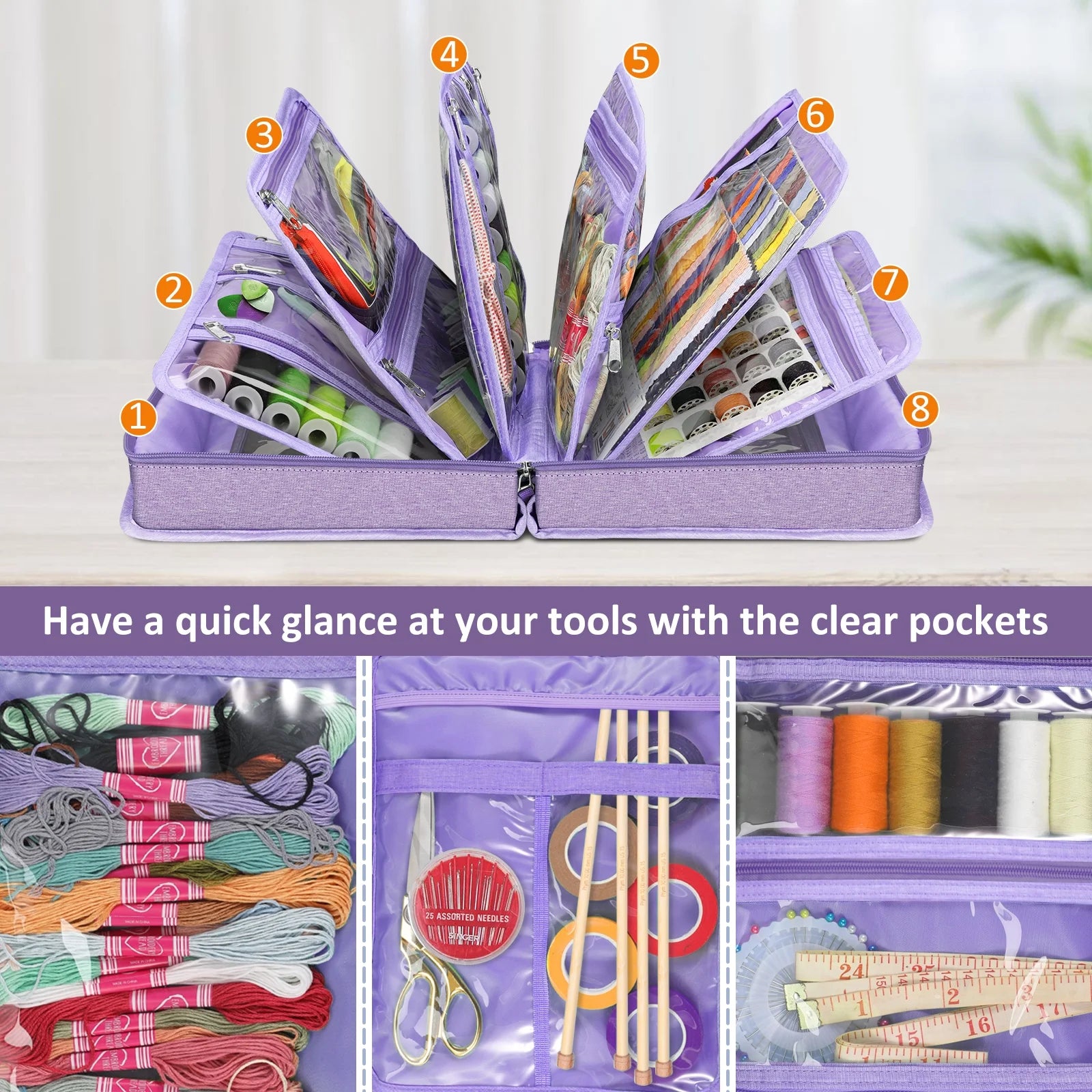 Sewing and Craft Supplies Storage Tote, Large Capacity Travel Packing Organizer Bag with Clear Pockets and Handle for Knitting, Crochet, Art, Sewing Accessories, Lavender