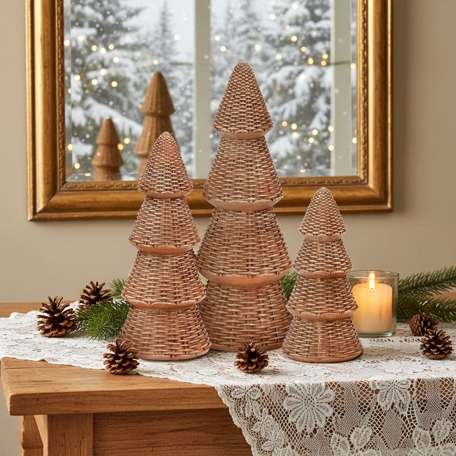 3Pcs Tabletop Christmas Tree Woven Resin Christmas Trees for Christmas Decor Indoor, Christmas Table Decor, Khaki