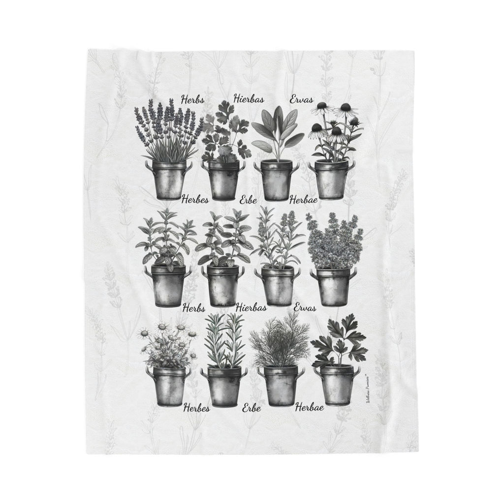 6 Languages Herbal Wellness Black and White Velveteen Plush Blanket | Cozy Home Decor, Perfect Gift for Gardeners, Plant Lovers, Housewarming, Relaxing Evenings
