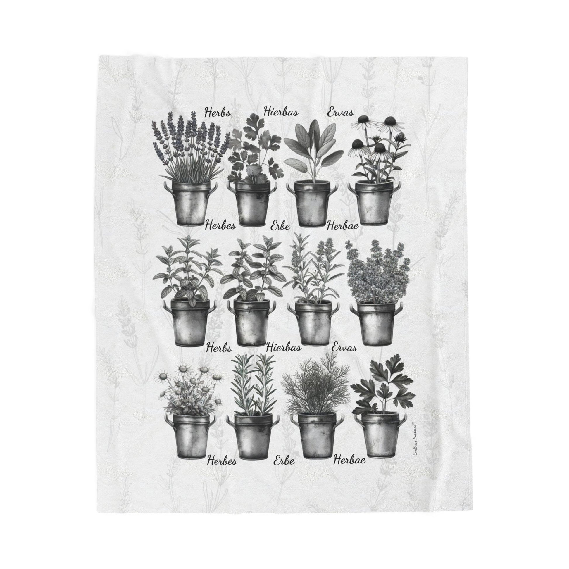 6 Languages Herbal Wellness Black and White Velveteen Plush Blanket | Cozy Home Decor, Perfect Gift for Gardeners, Plant Lovers, Housewarming, Relaxing Evenings