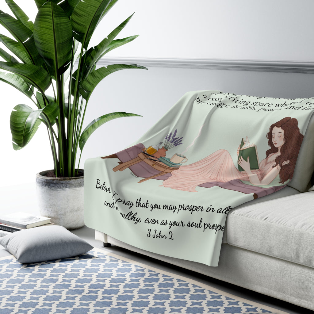 Slow-Living Corner Sherpa Fleece Blanket — Cozy Spiritual Sanctuary Throw with Scripture