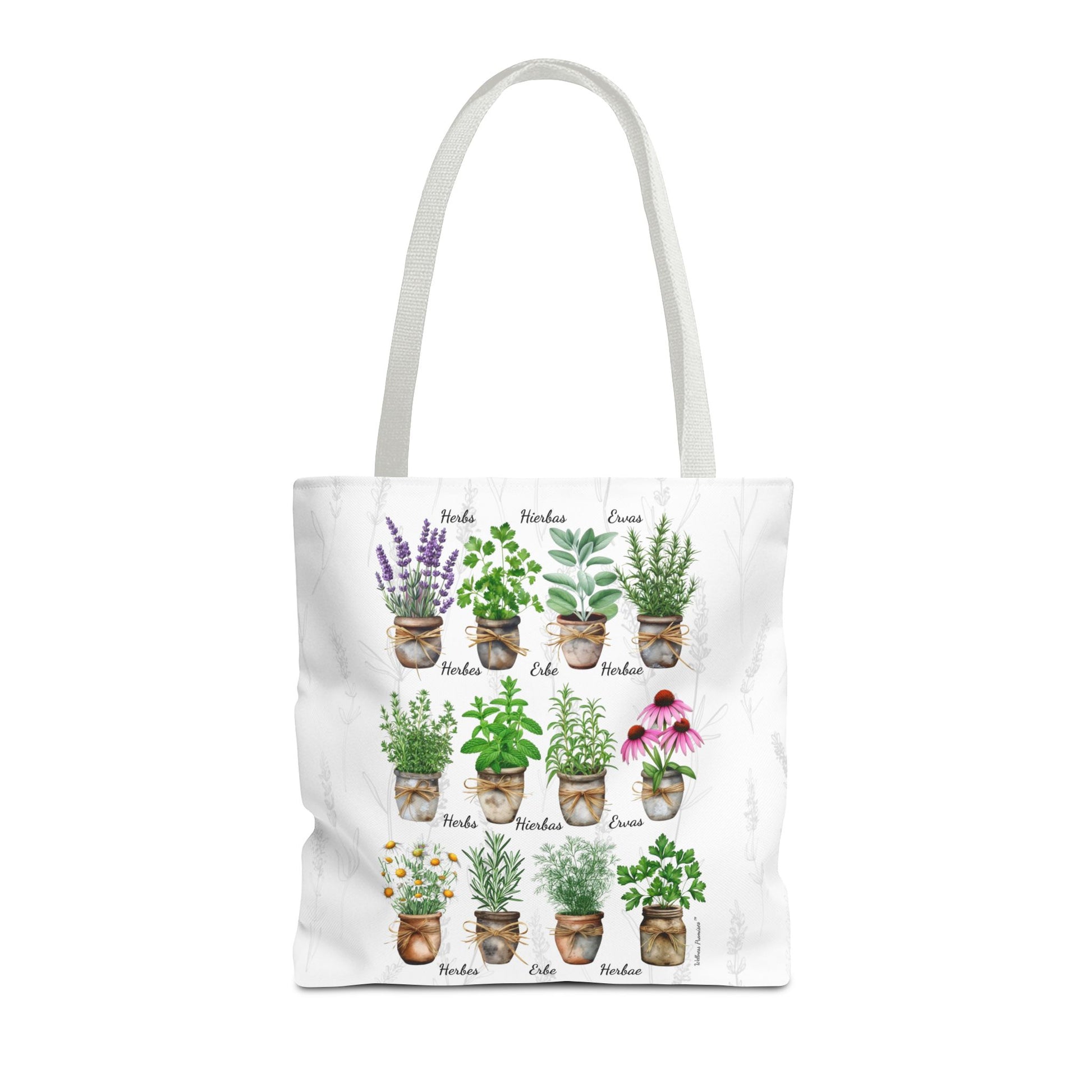 6 Language Watercolor Herbal Garden Tote Bag | Botanical Shopping Tote | Eco-Friendly Grocery Bag, Plant Lover Gift, Garden Decor, Mothers Day