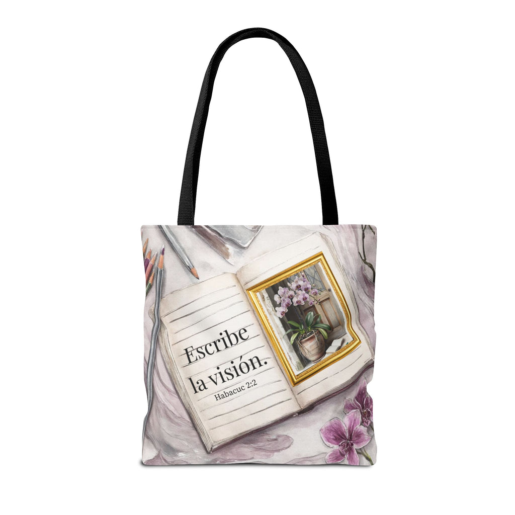 Inspirational Journal Art Tote Bag — "Escribe la Visión" Orchid & Bible Quote Tote (Spanish)