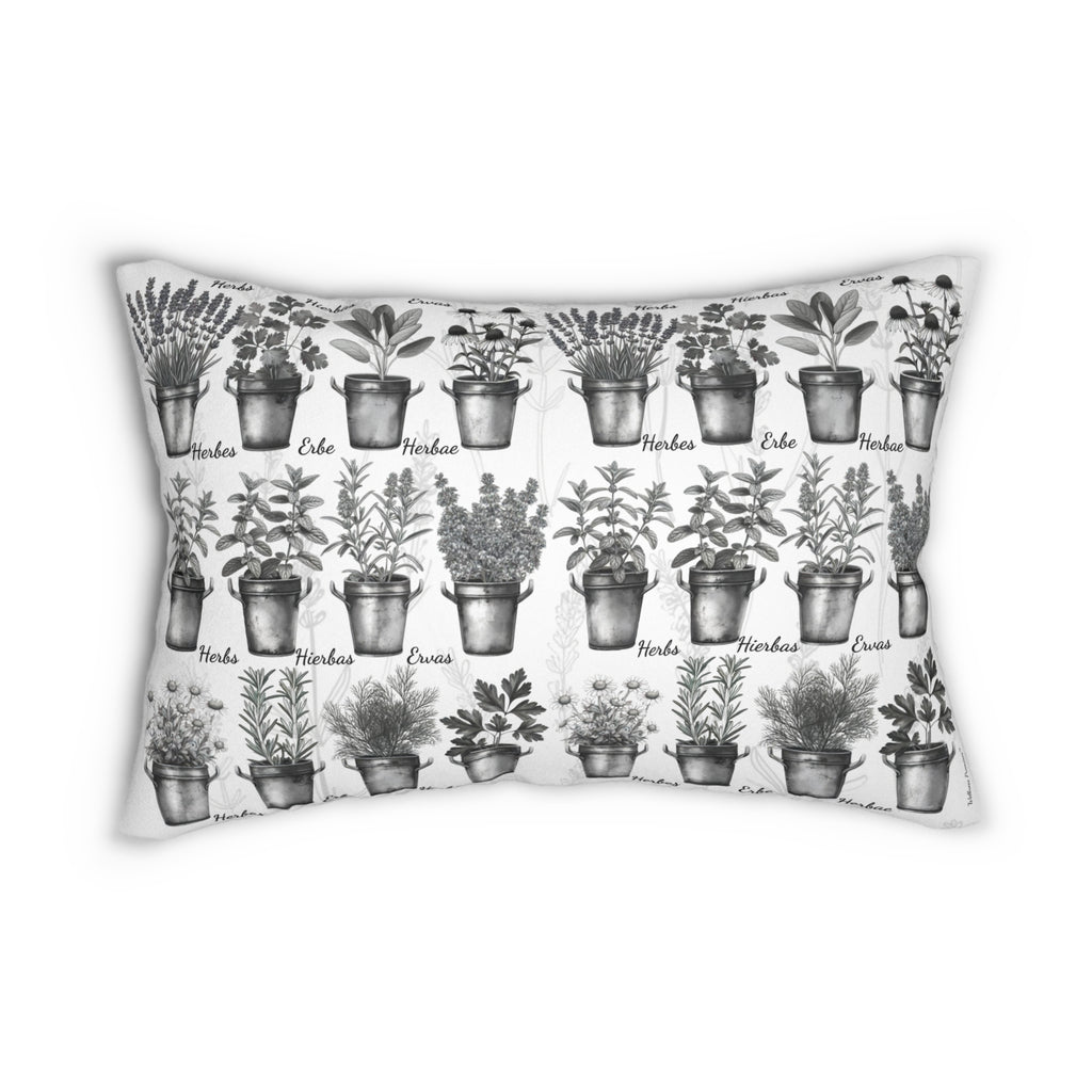 Herbal 6 Languages Garden Lumbar Pillow, Black & White Floral Cushion, Home Decor, Housewarming Gift, Plant Lover's Gift, Decorative Pillow for Every Occasion